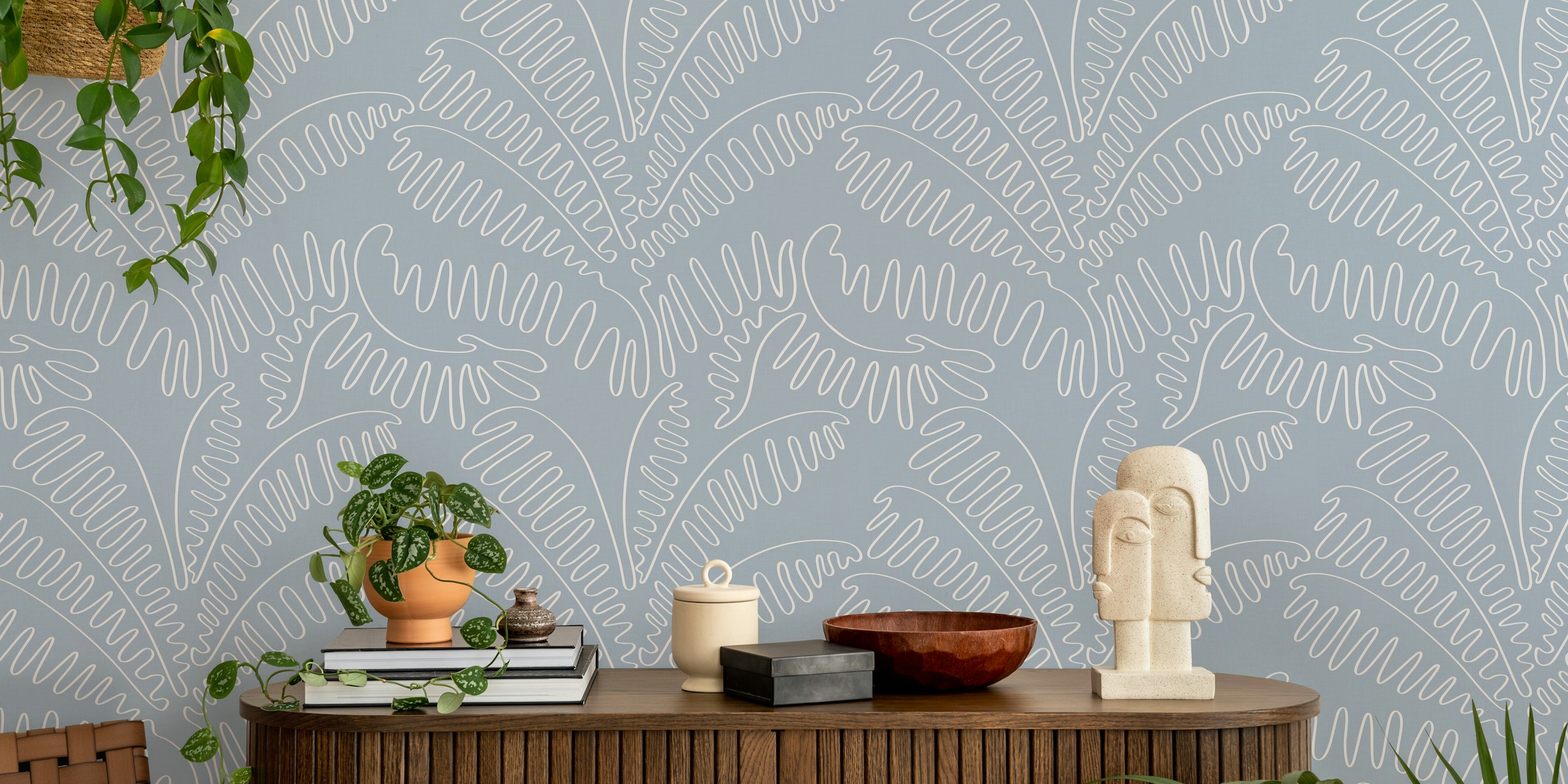 Line art palm leaves pattern in light pigeon blue wallpaper