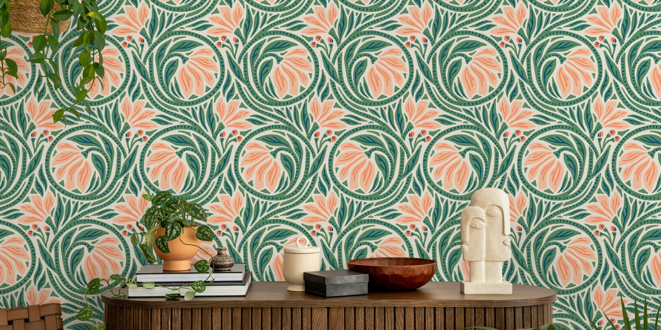 Green and peach floral wallpaper design