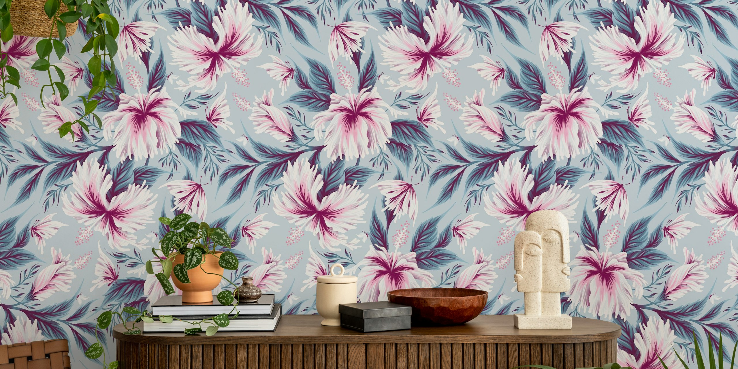 Hibiscus and butterflies wallpaper in a room