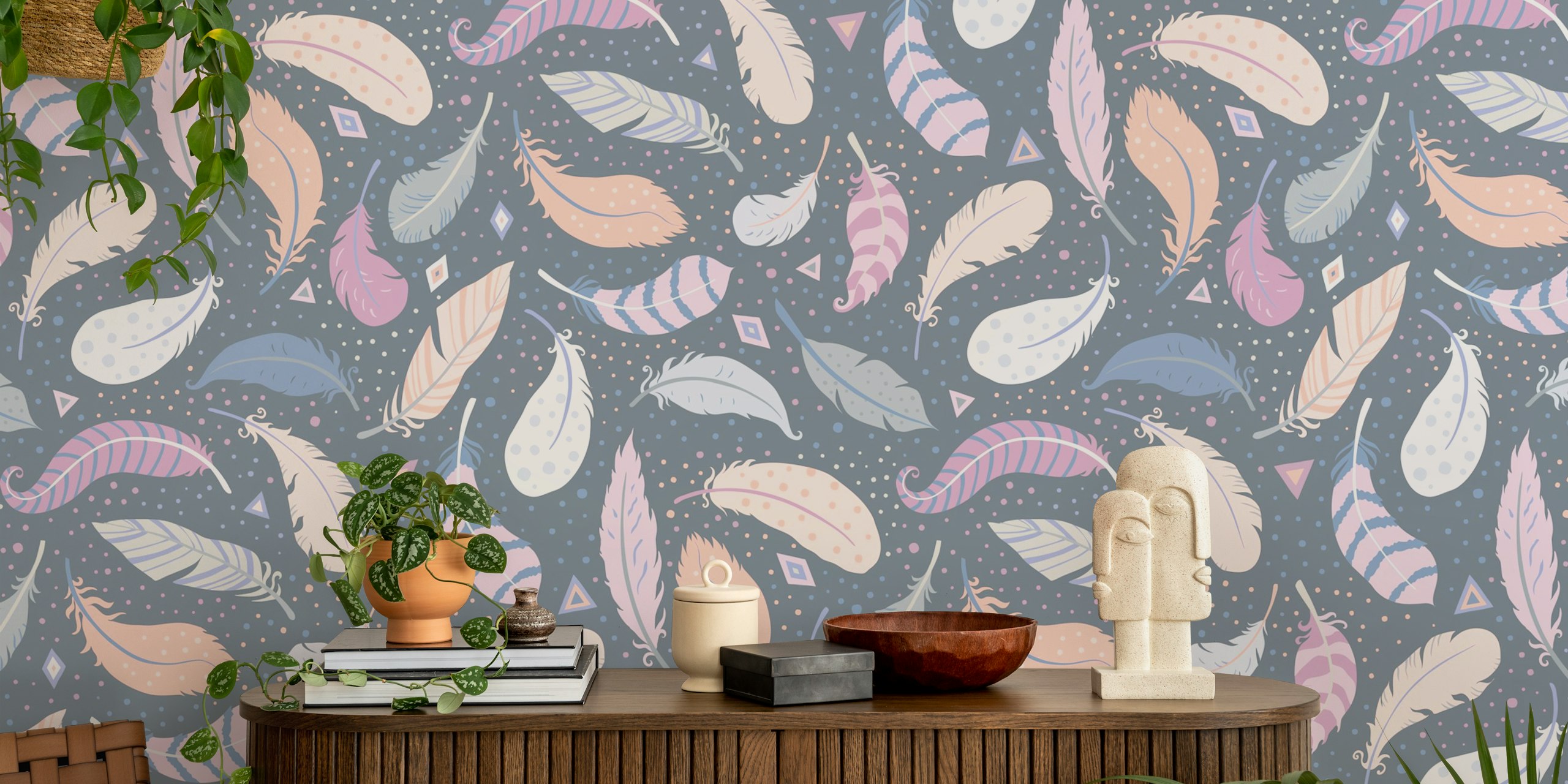 Colorful feathers in pink and grey wallpaper design