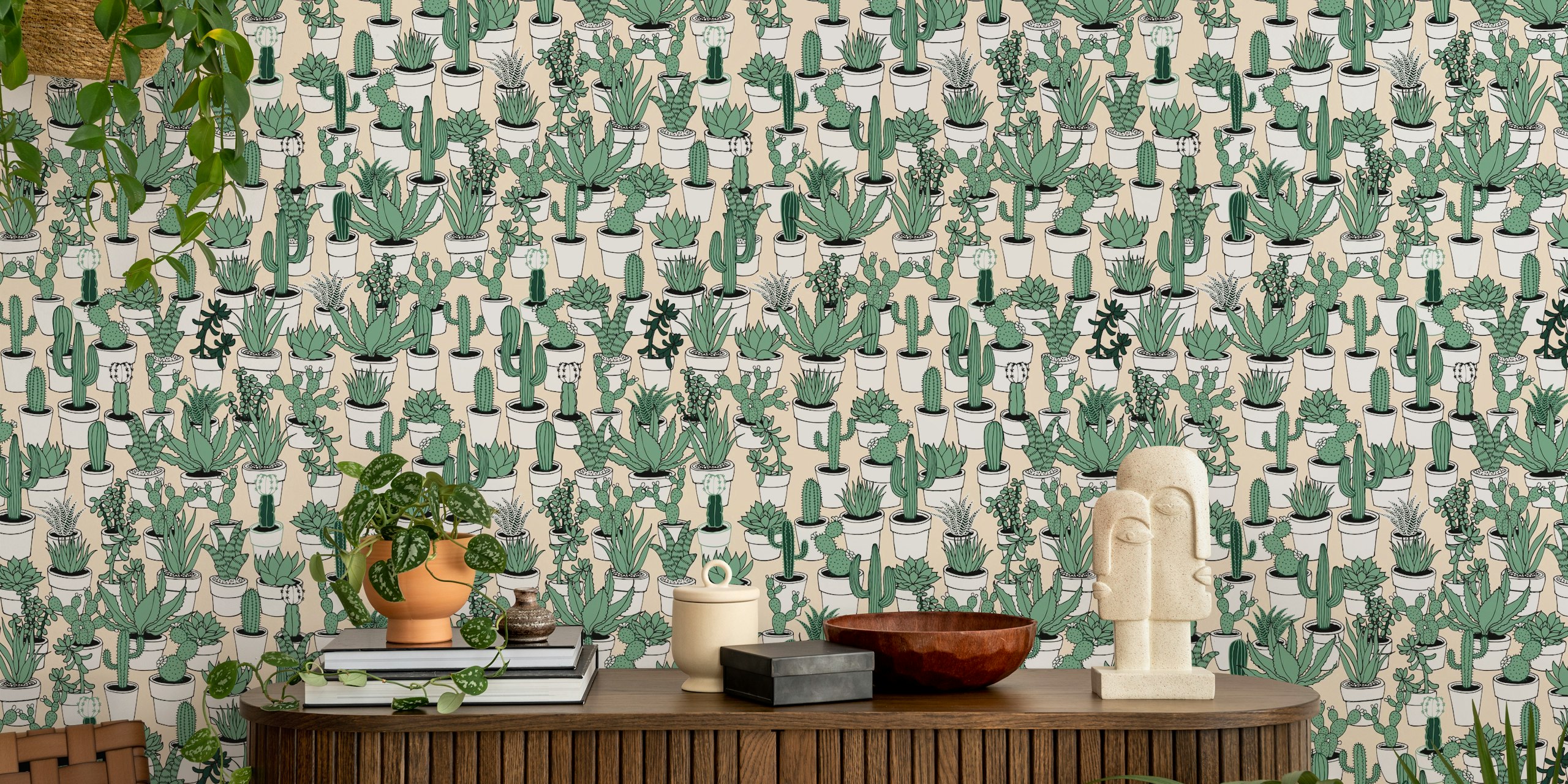 Various succulent plants in white pots on peach background wallpaper