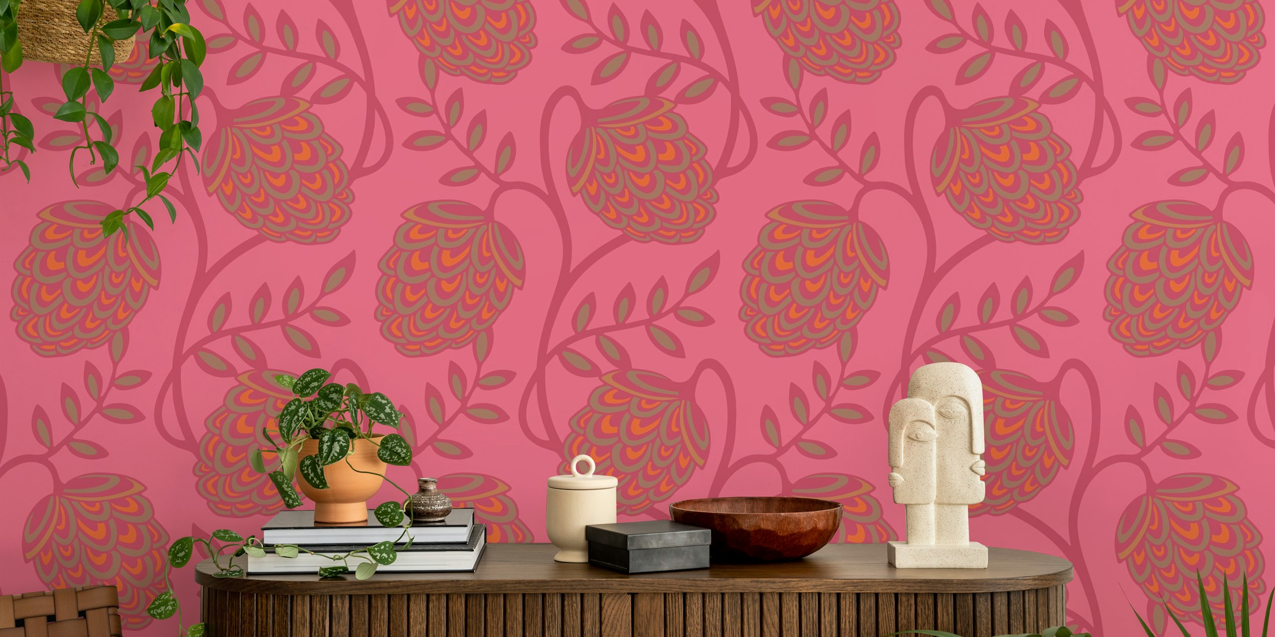 Pink floral wallpaper with vibrant botanical motifs and green leaves
