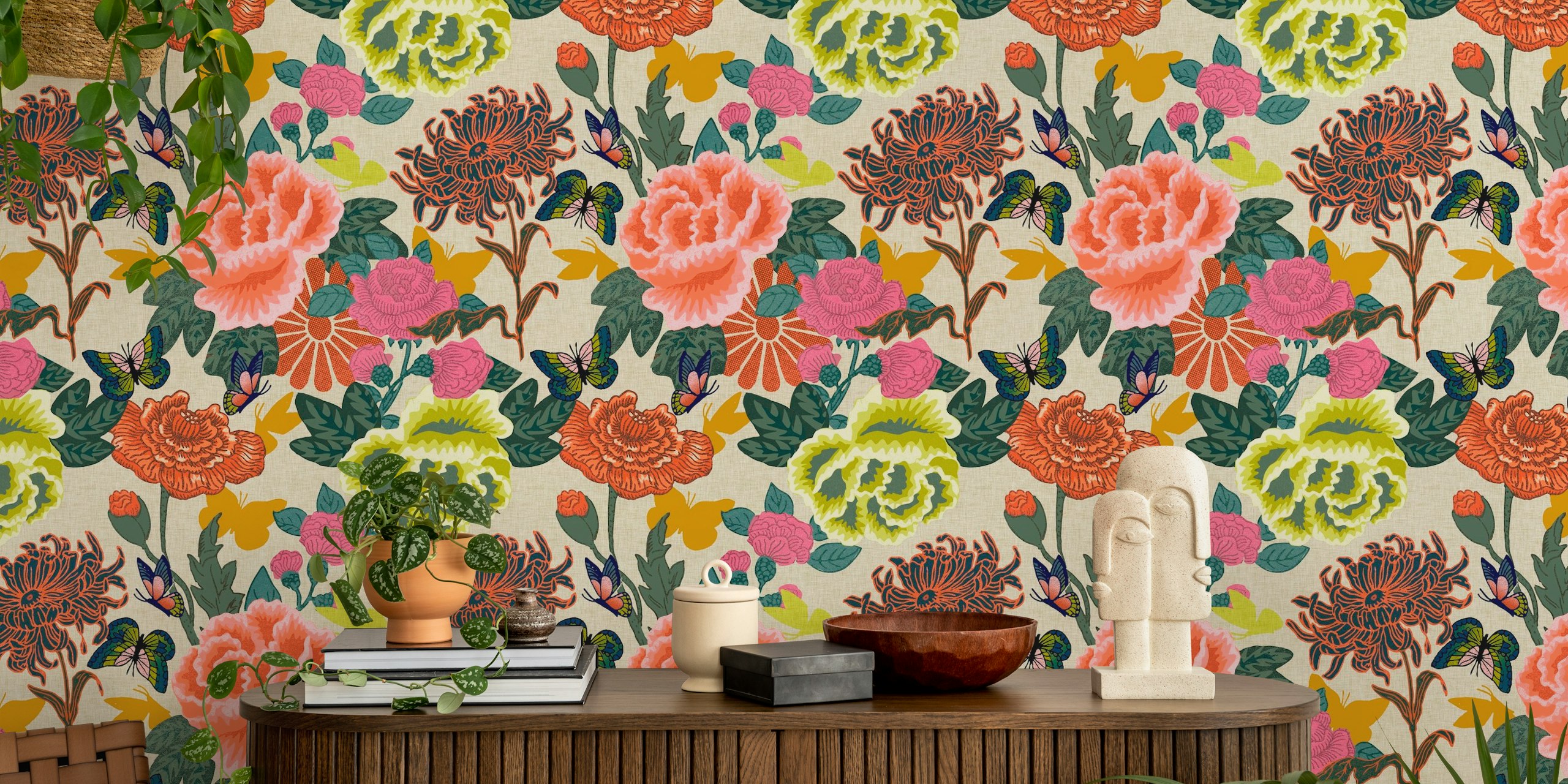Chinese floral wallpaper with roses and butterflies in vibrant colors