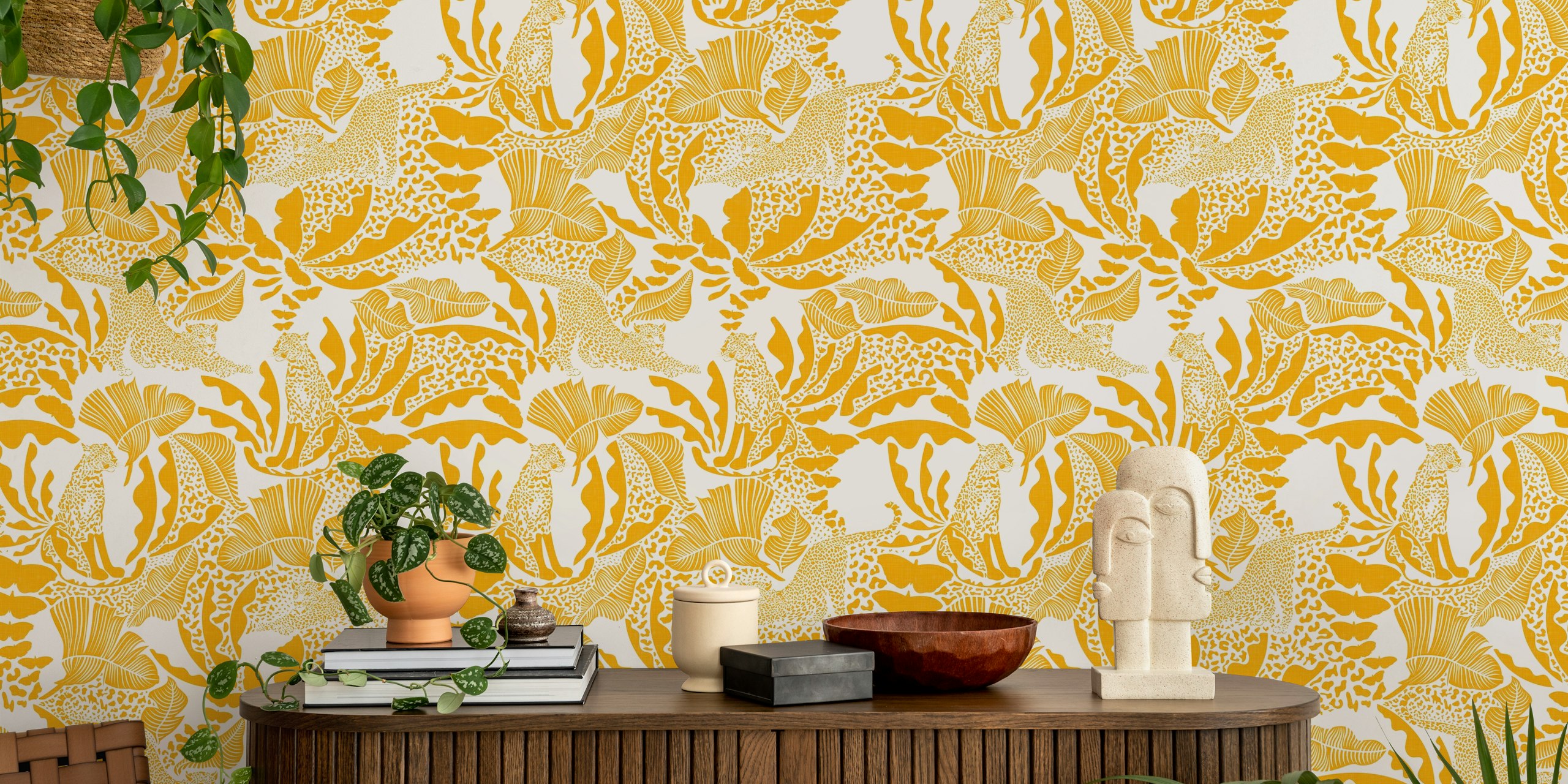 Yellow tropical jungle wallpaper with leopards and leafy patterns