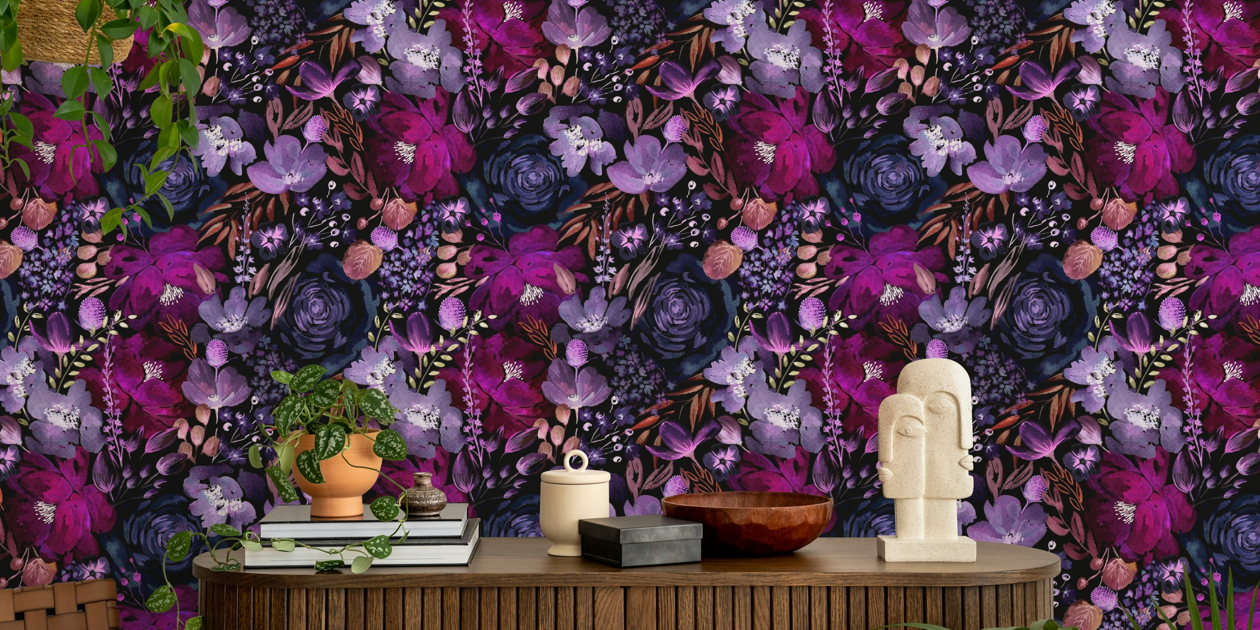 Dark Floral Chaos Purple wallpaper in a room