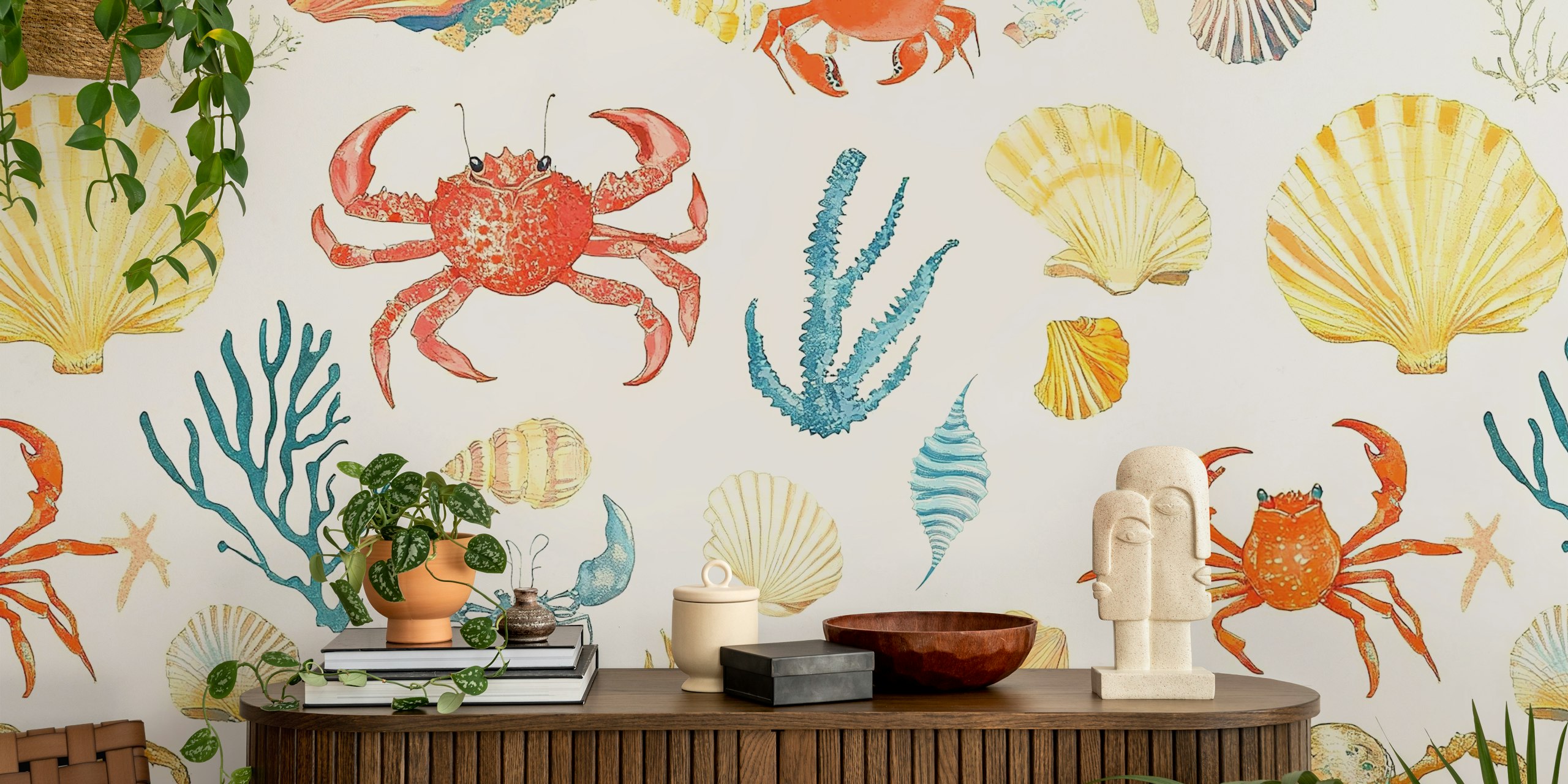 Colorful crabs, shells, and coral on beige wallpaper