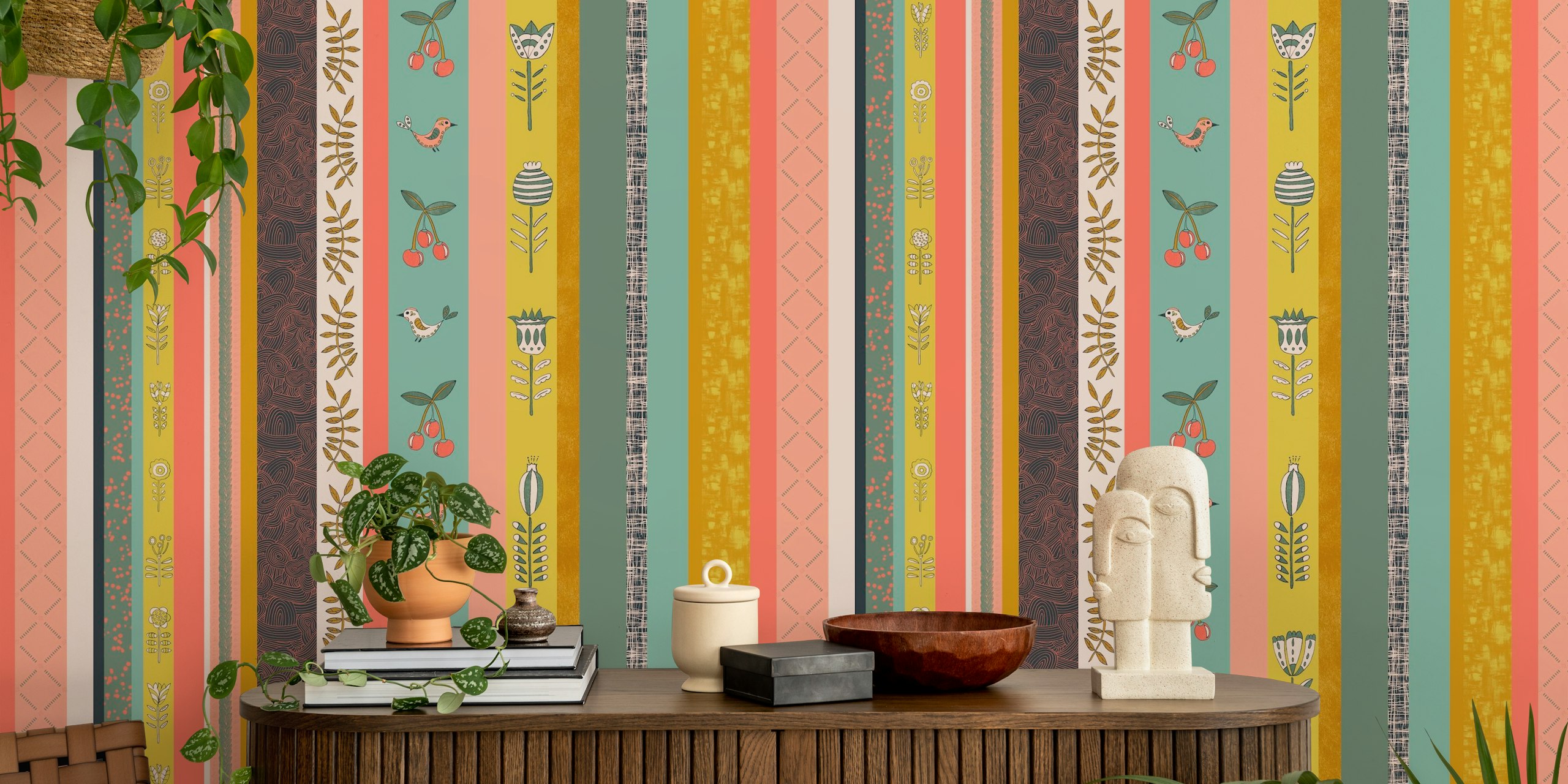 Whimsical Garden Stripes wallpaper in a room