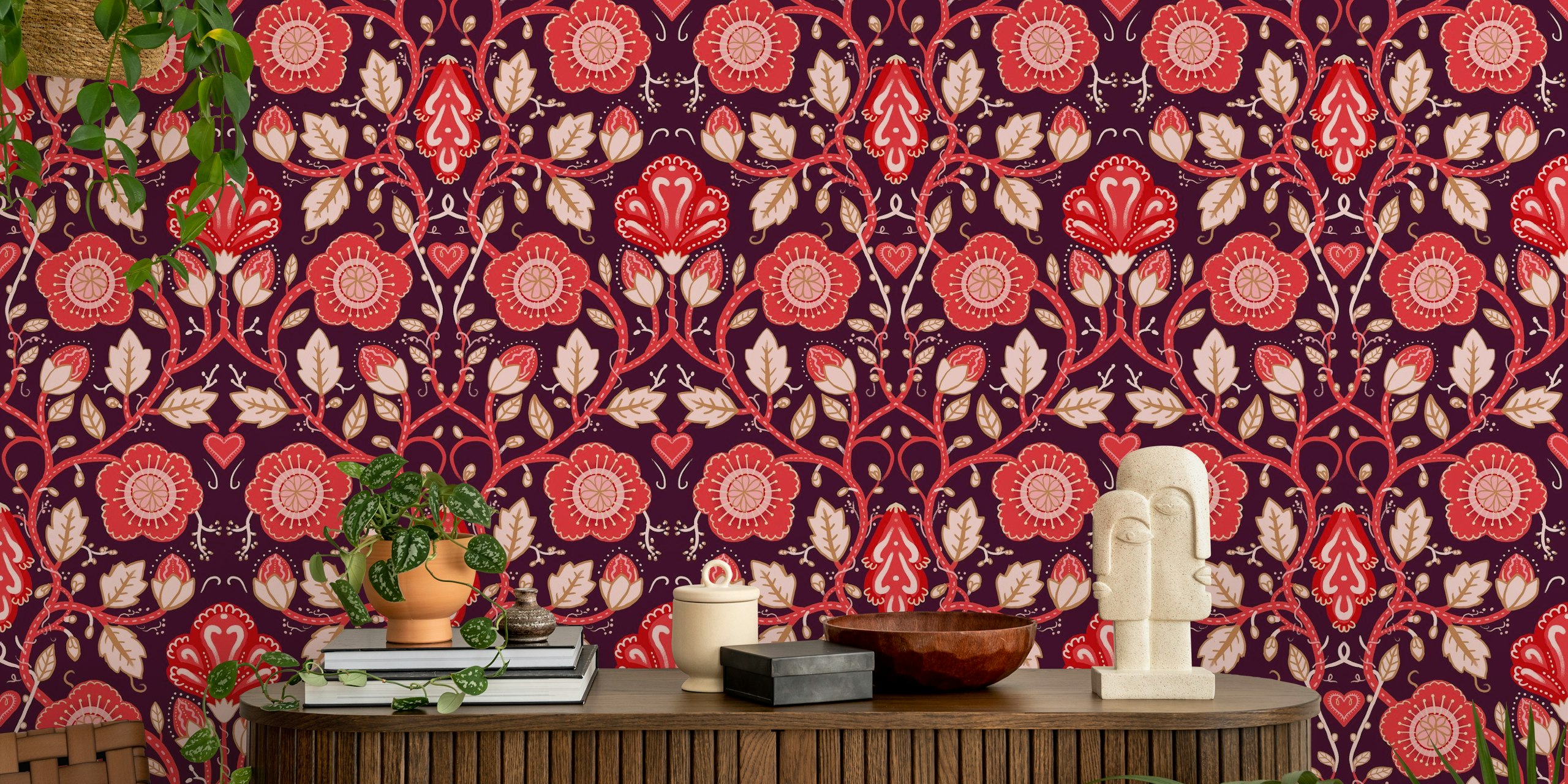 Flower patterns in red and pink with leafy vines wallpaper
