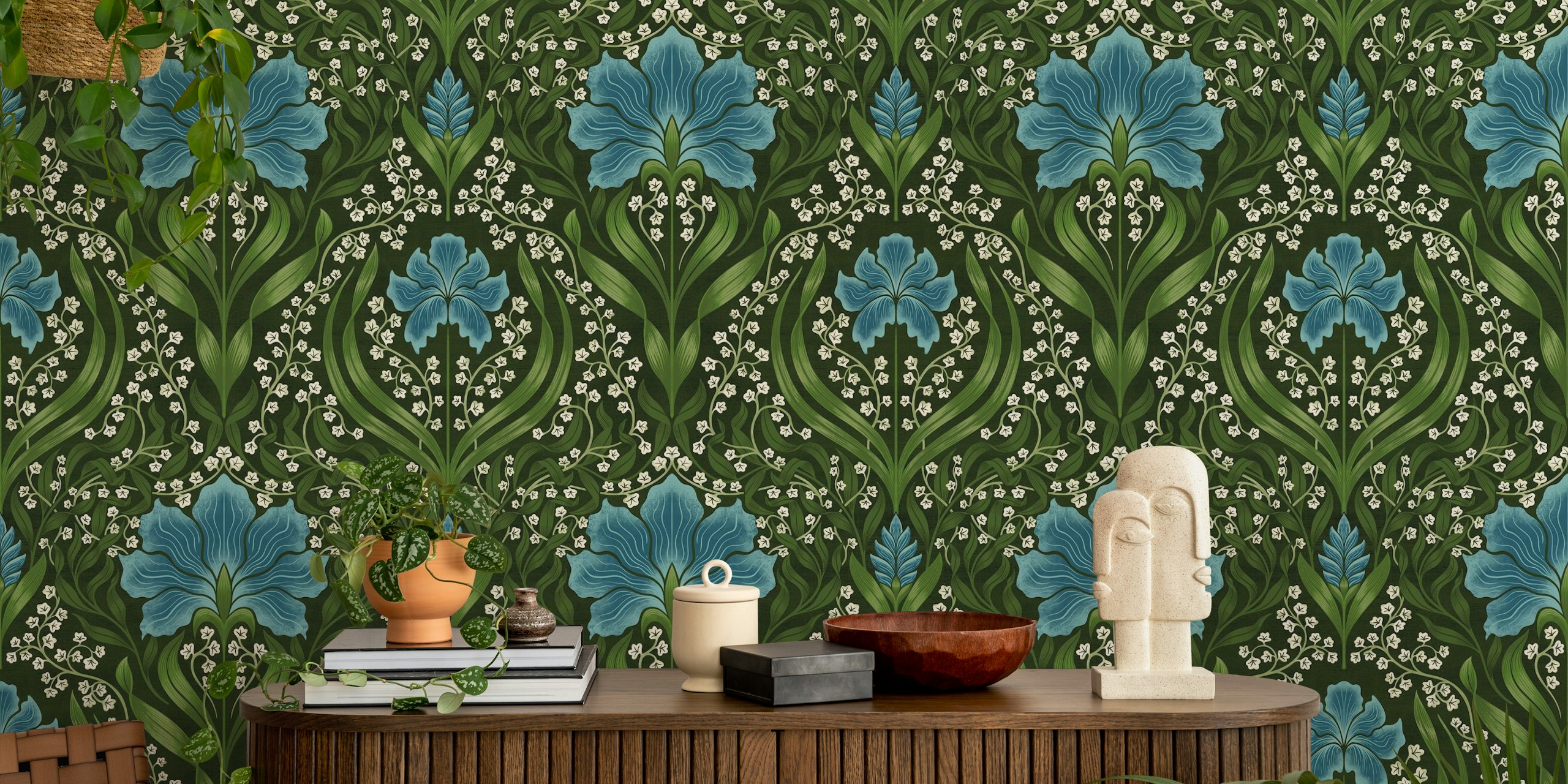 Intricate blue floral damask wallpaper with green foliage