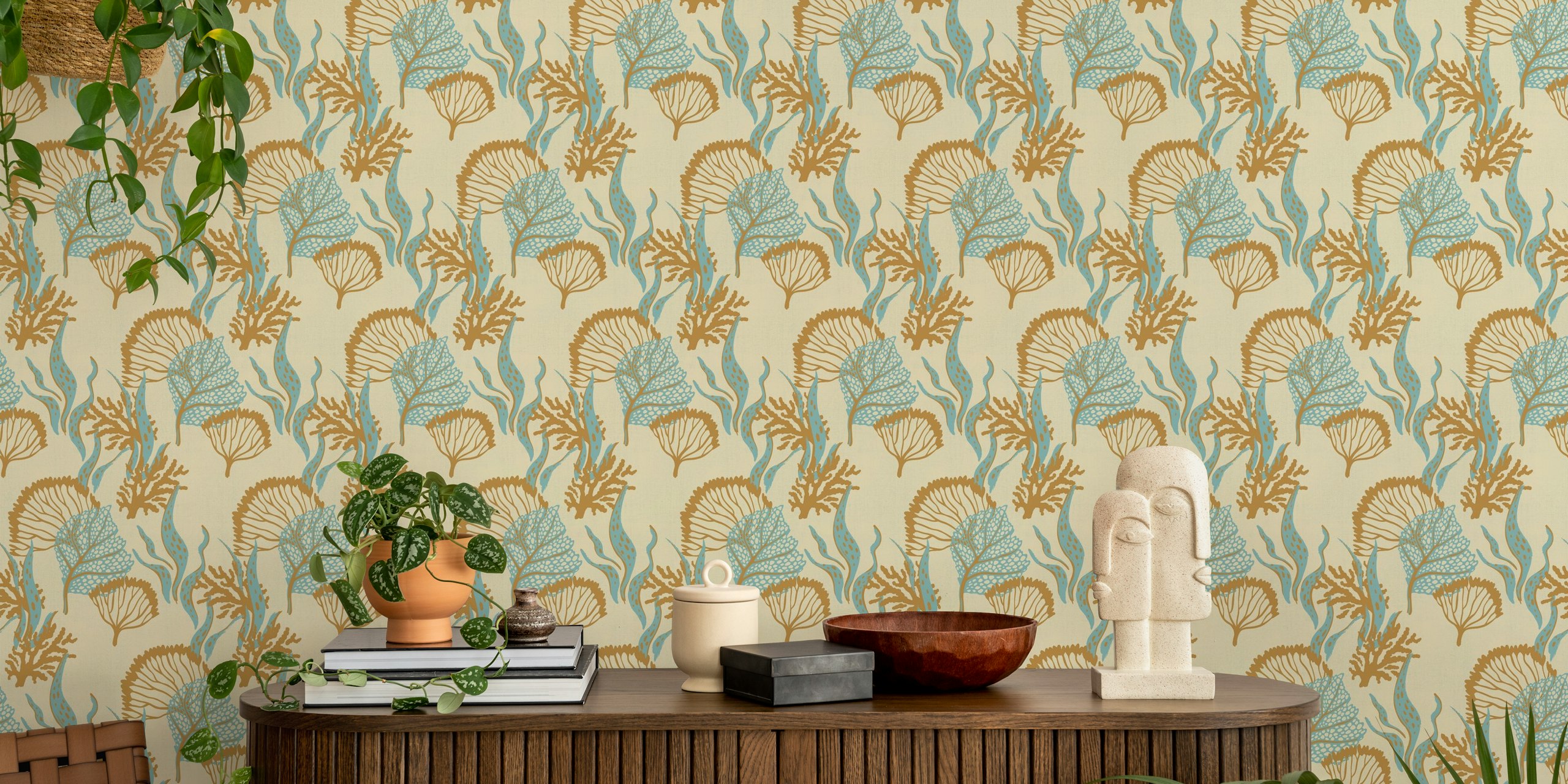 Coral and seaweed patterns in blue and beige wallpaper