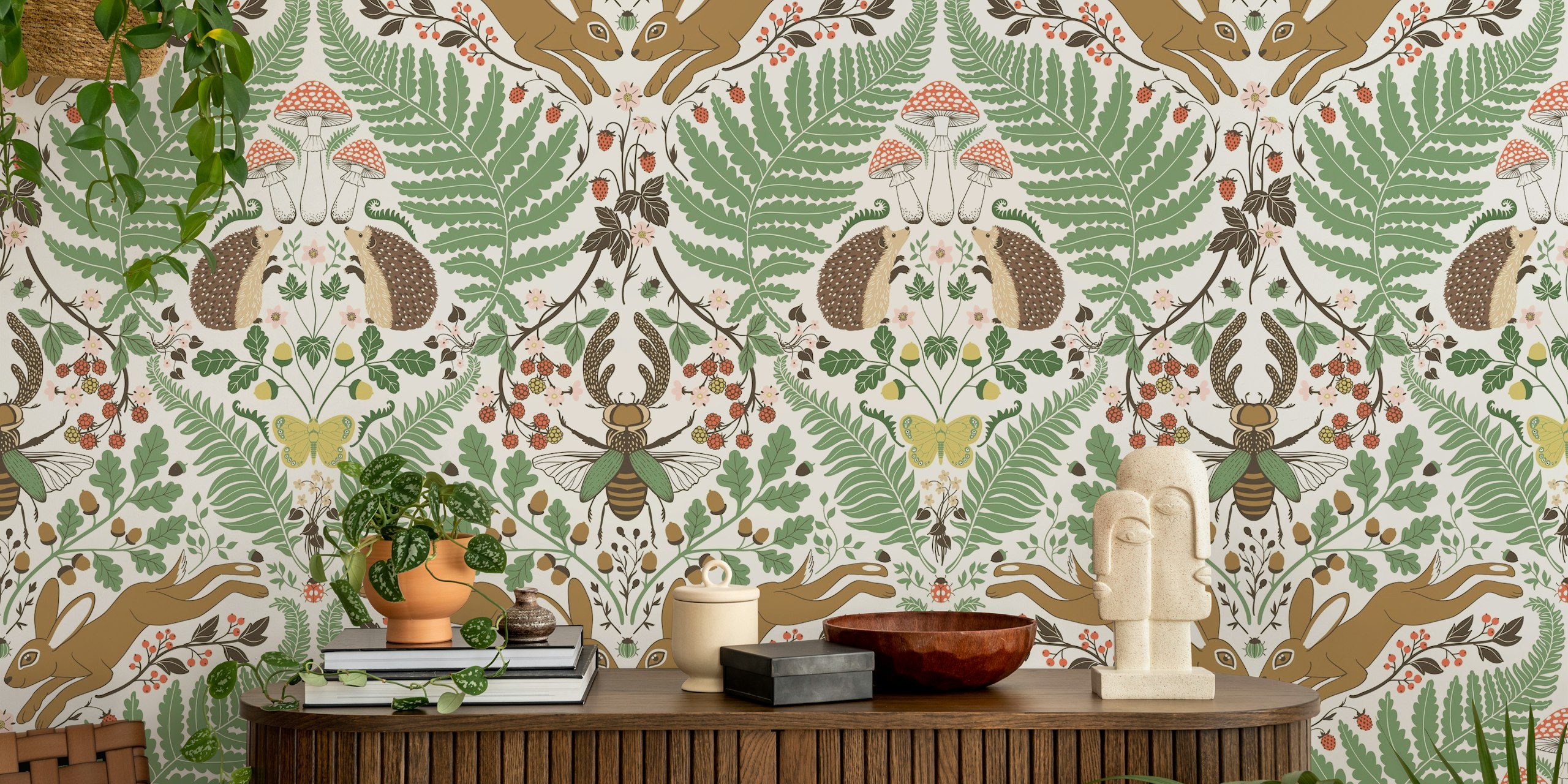 Woodland animals and plants wallpaper w pokoju