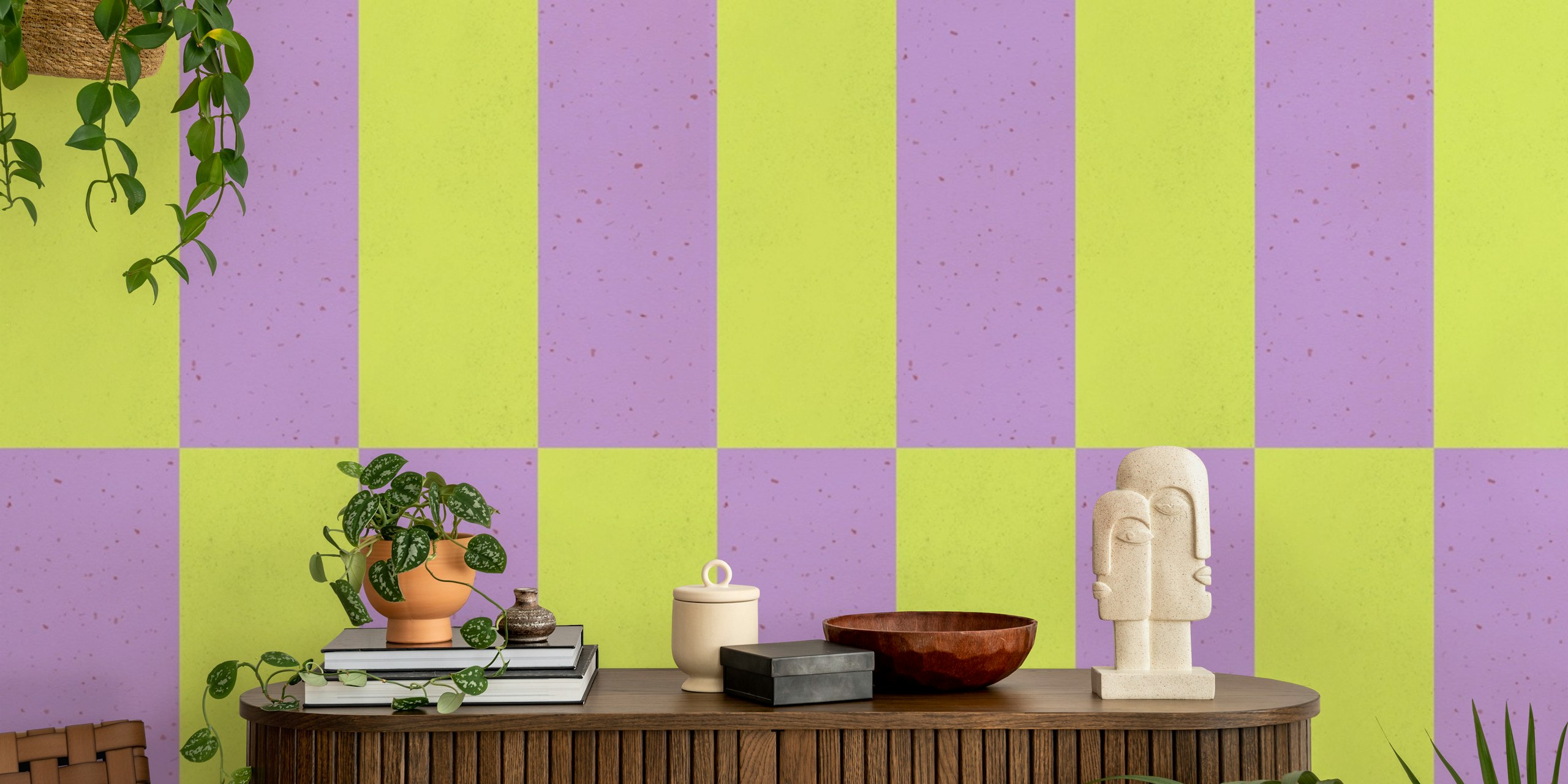 Striped wallpaper in bright green and purple colors, modern design