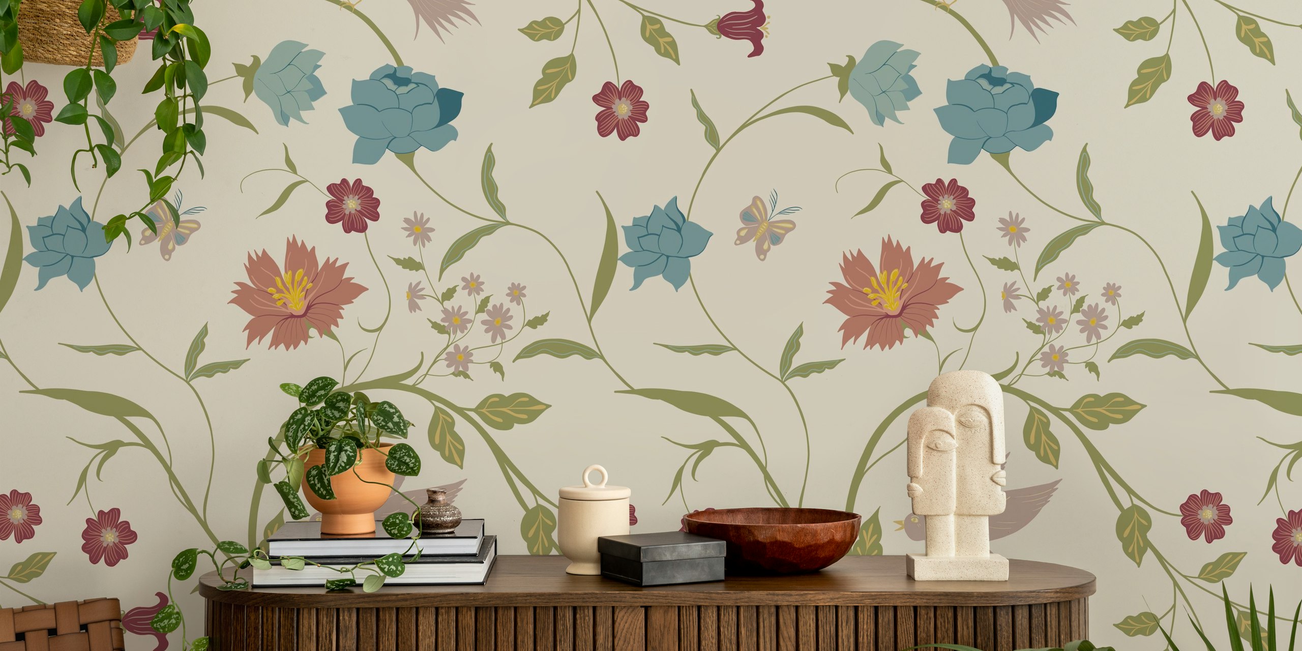 Vintage floral wallpaper with birds, blue and pink flowers, cream background