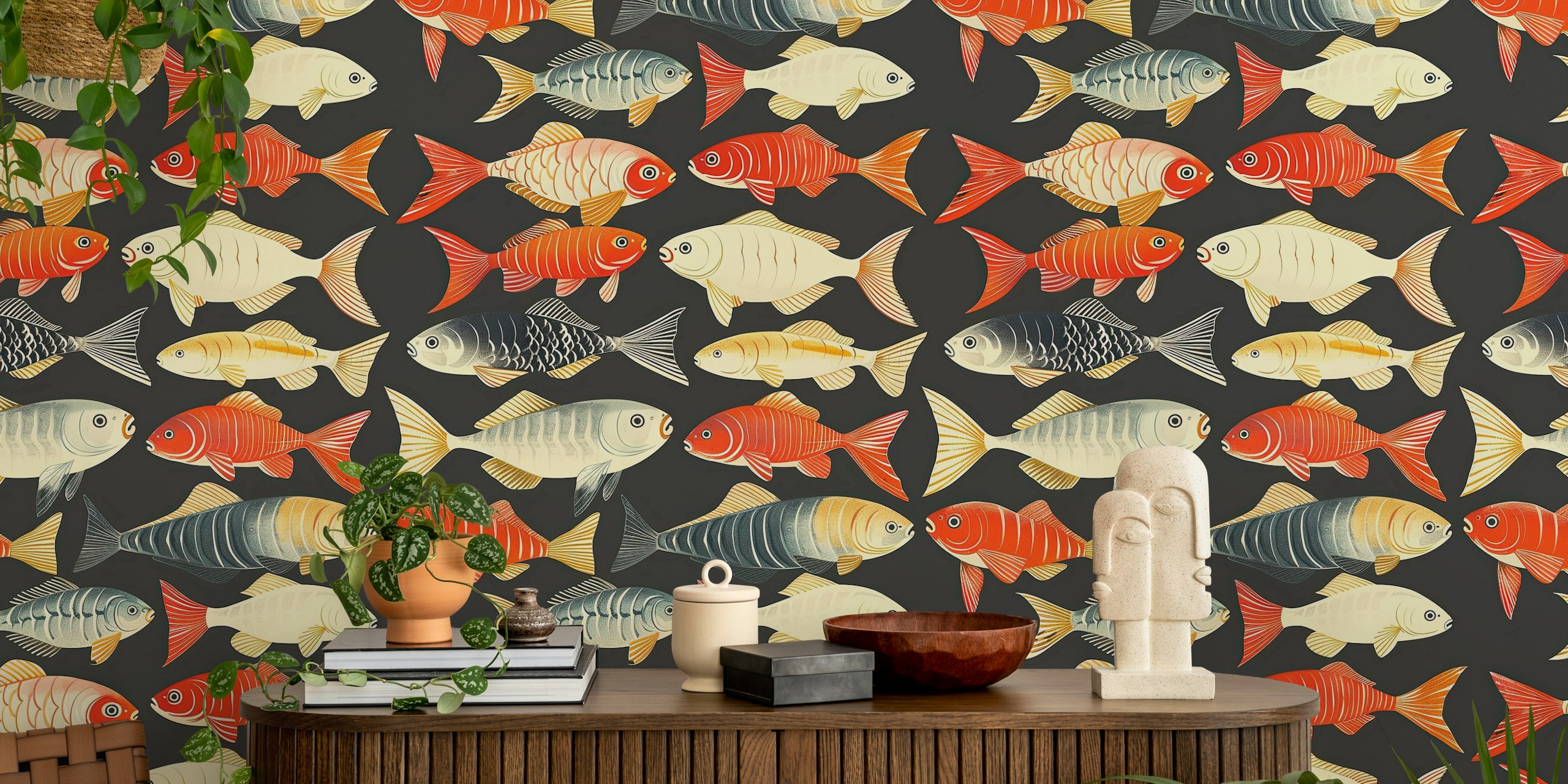 Minimalist fish wallpaper design on a dark background