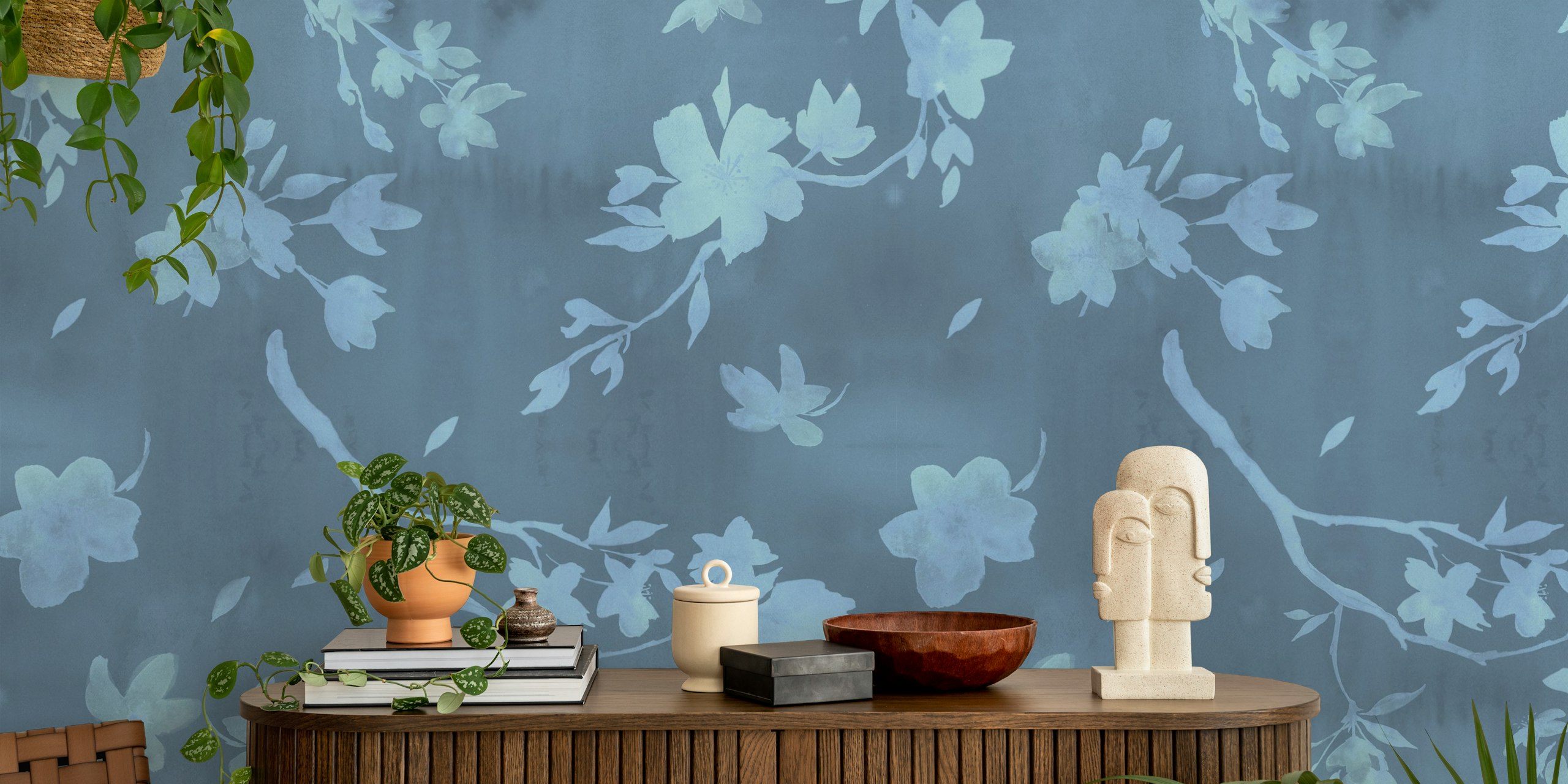 Blue floral wallpaper with delicate blossoms and leaves