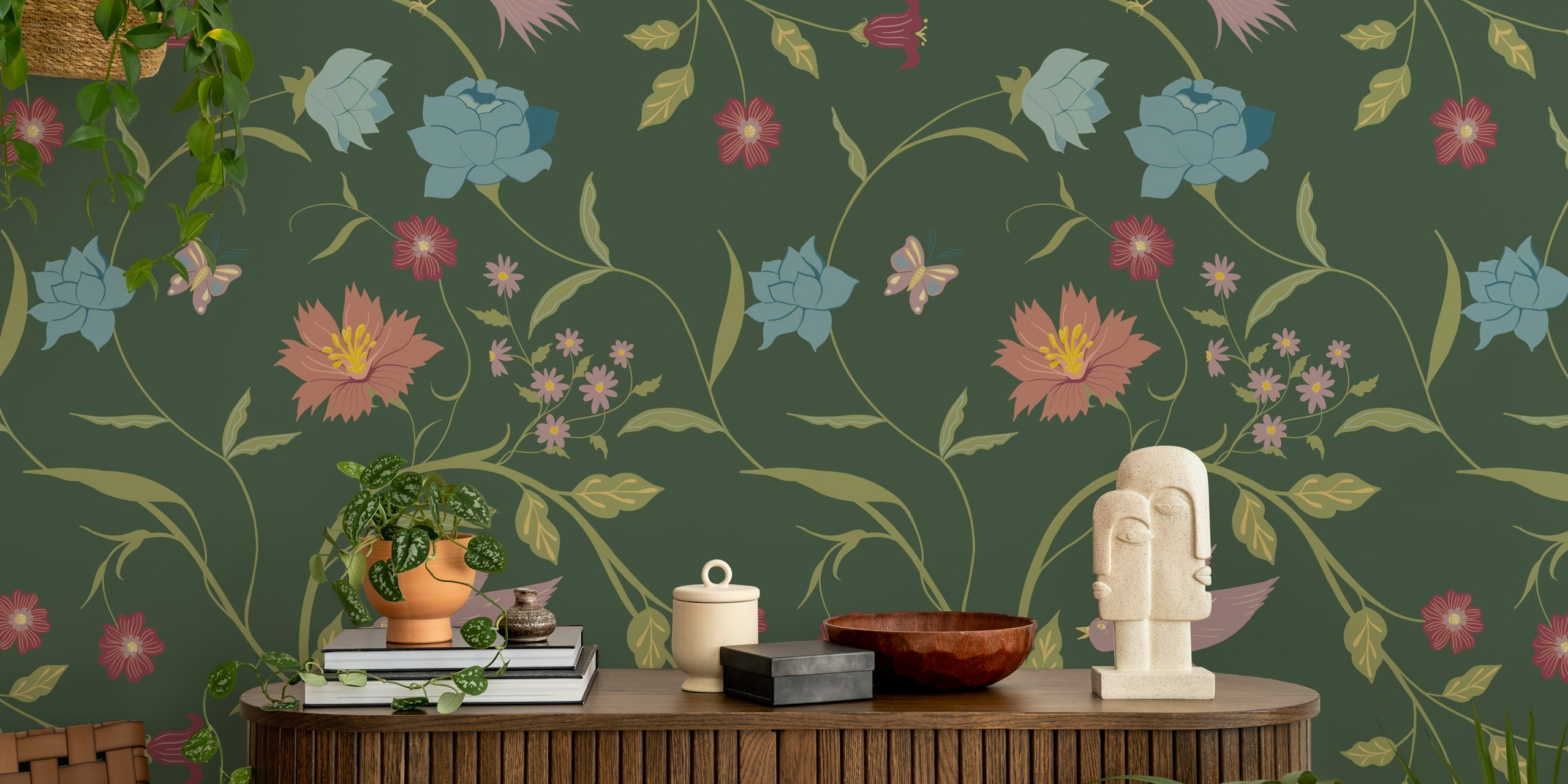Vintage floral design with flowers and a bird on dark green wallpaper
