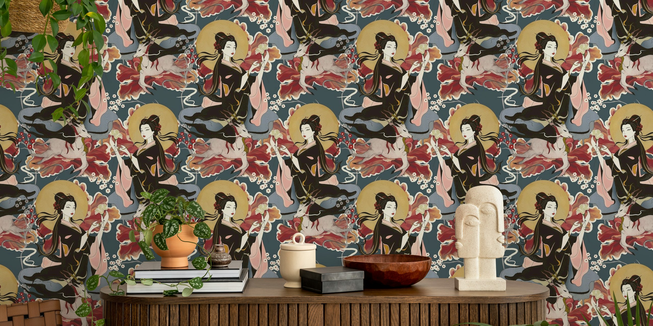 Oriental floral wallpaper with geishas, red and navy designs