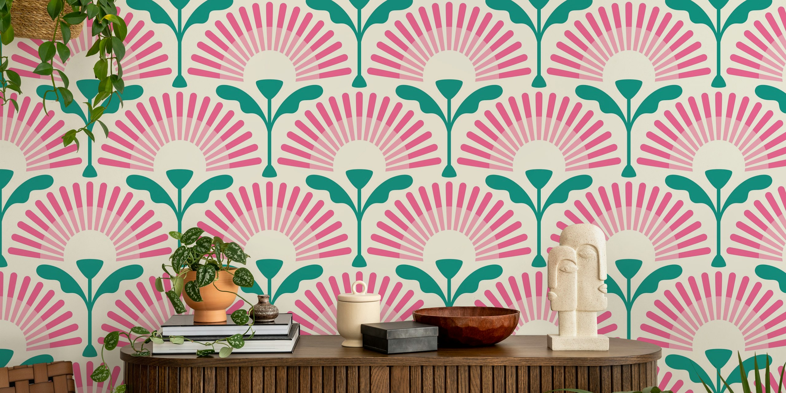 Retro floral scallop pattern with pink and green colors wallpaper