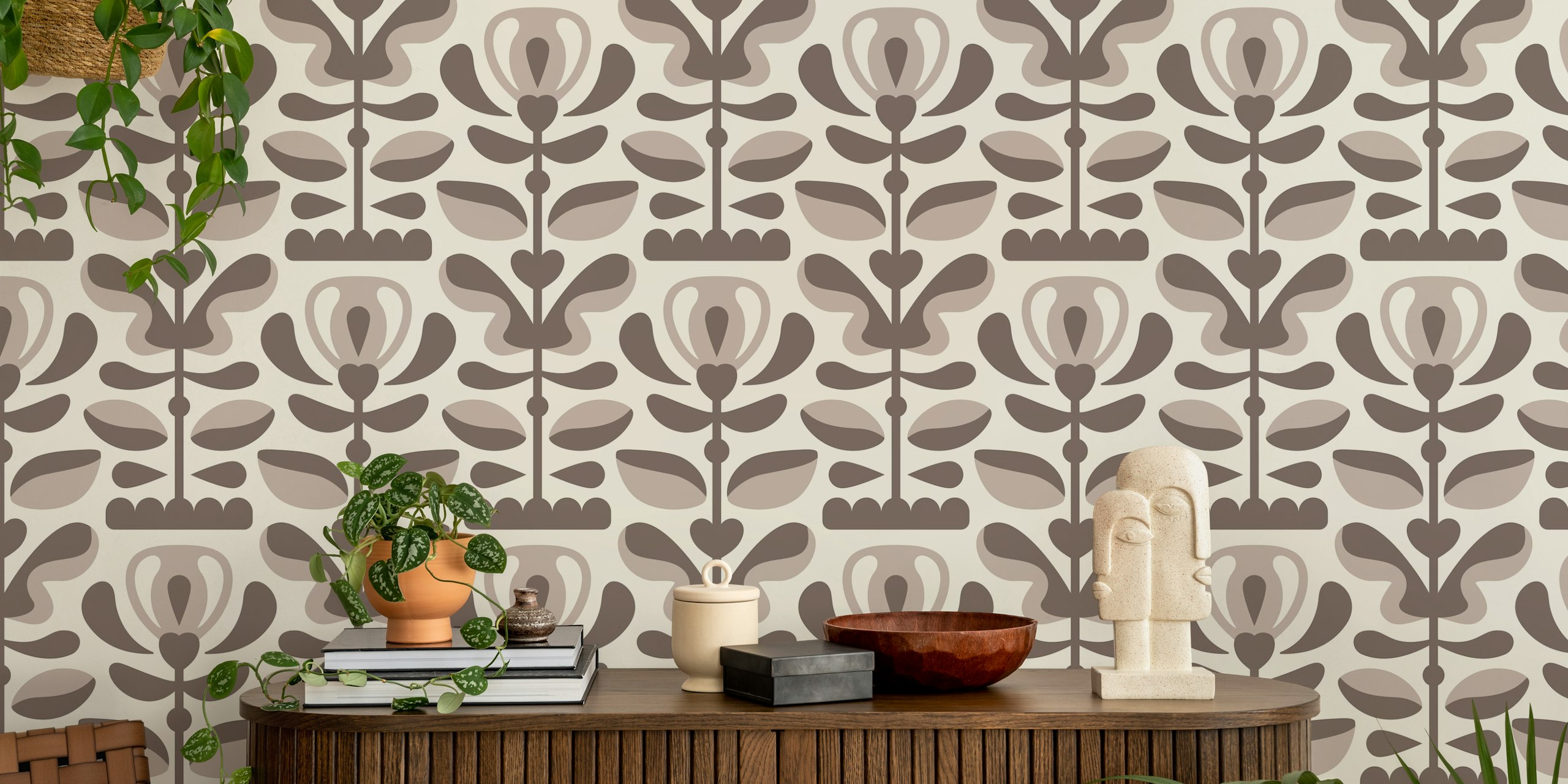 Calm brown folk florals papel de parede em um quarto