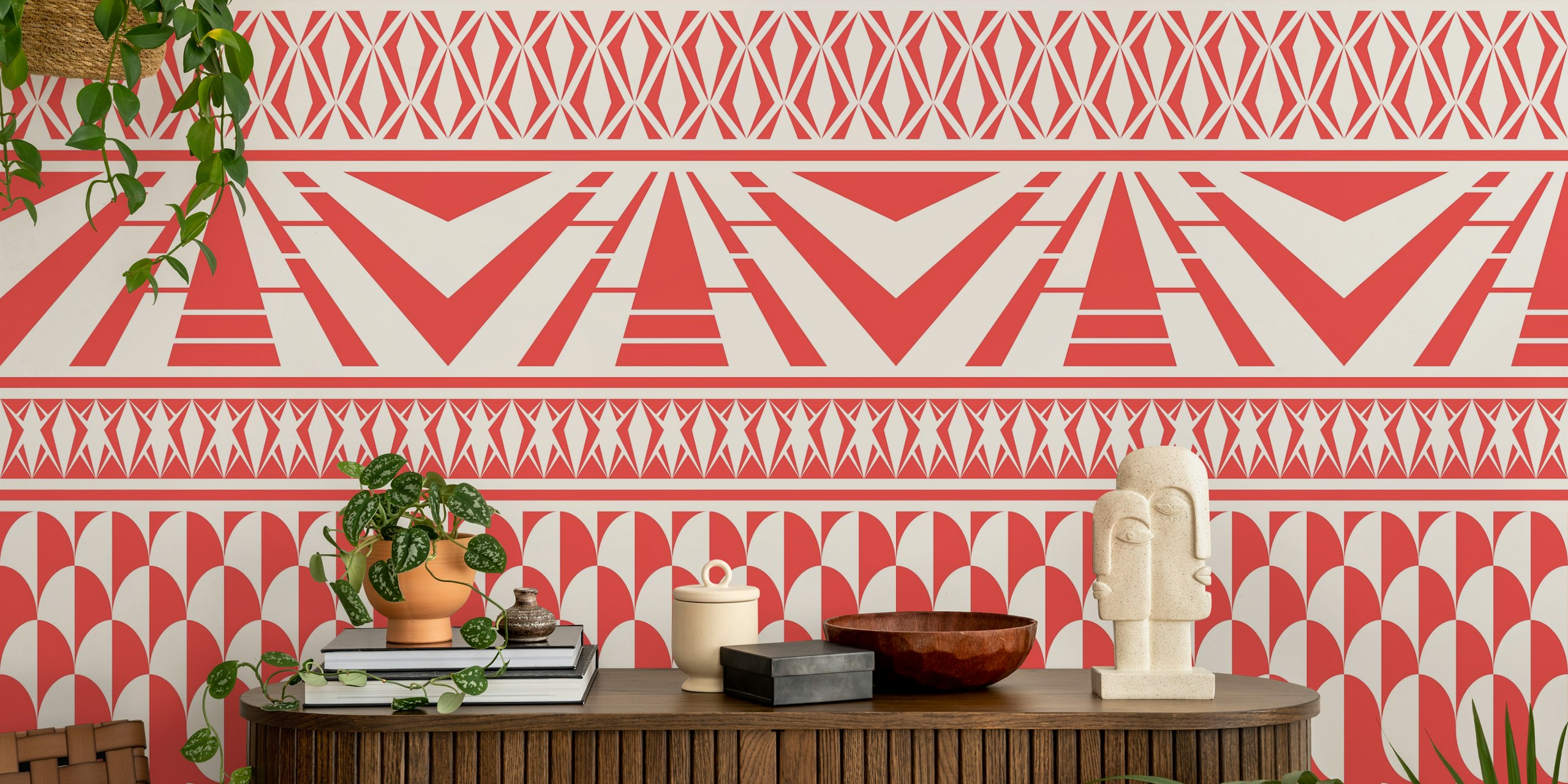 Papel pintado rojo geométrico art déco minimalista