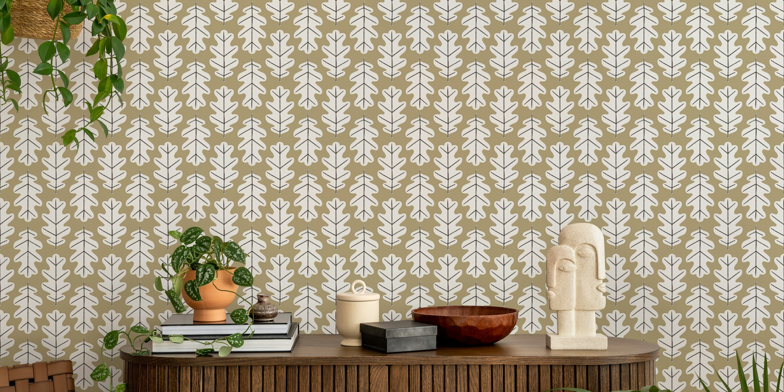 Moss green Oak Leaf Pattern tapetti huoneessa