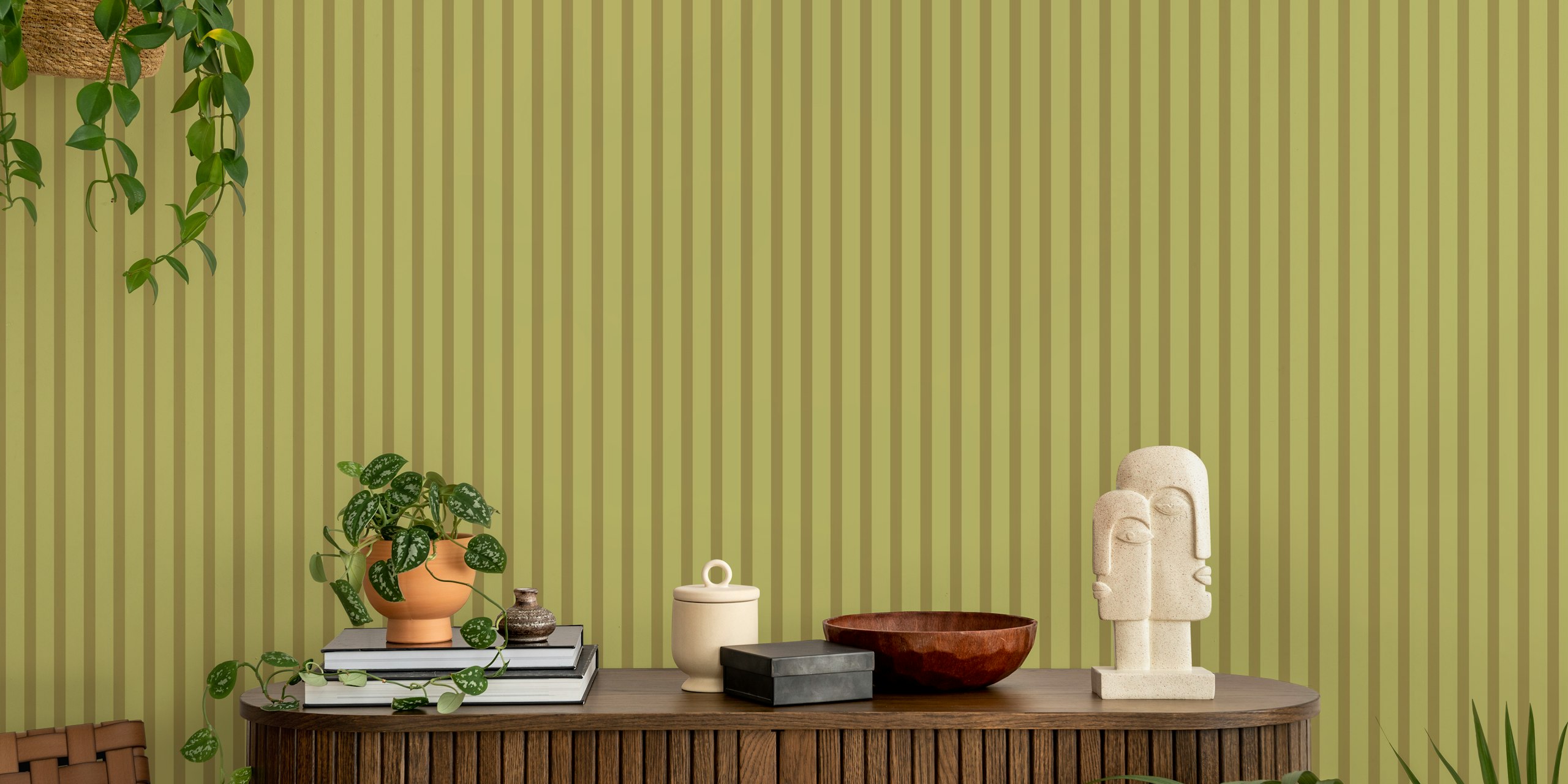 Japandi Natural Stripes Olive wallpaper in a room