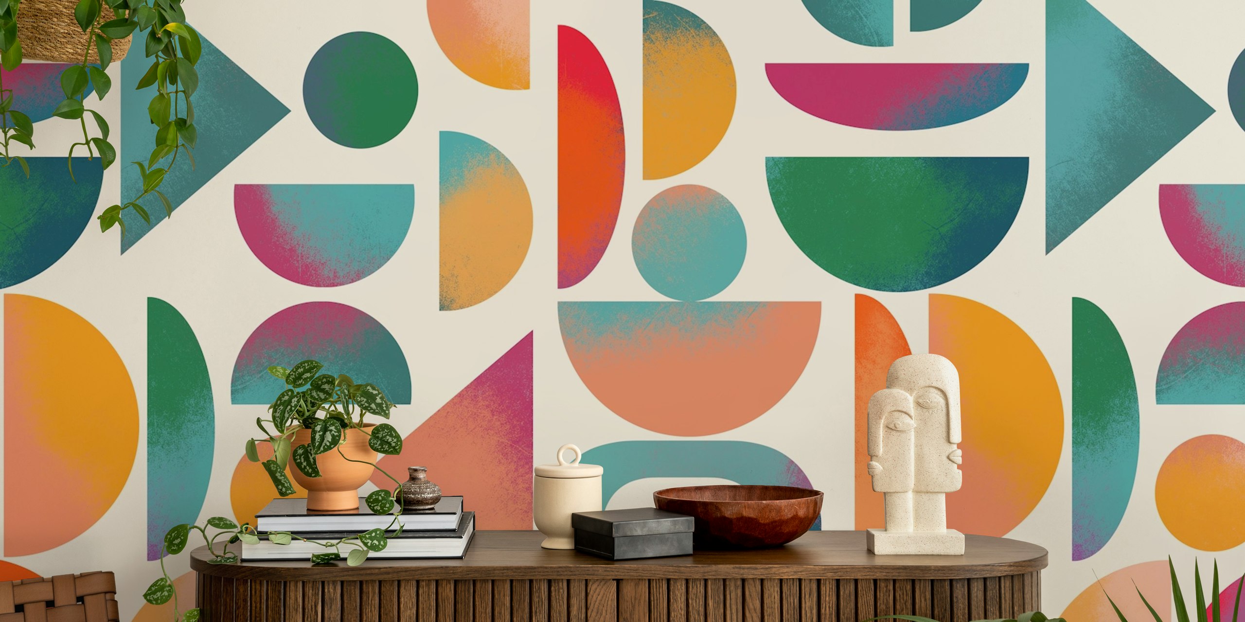 Vibrant geometric pattern wallpaper in a room