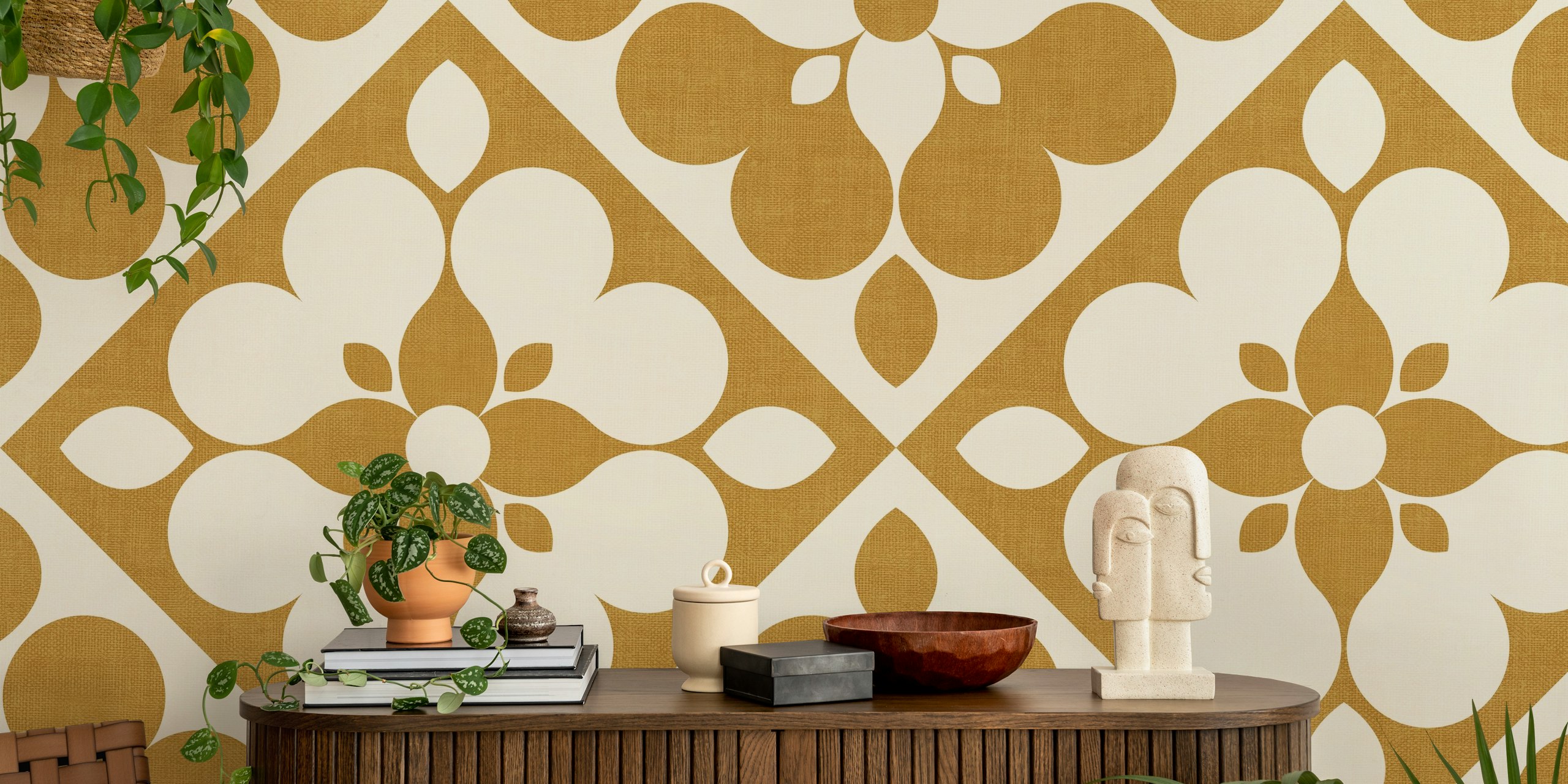 Retro Geometric Floral Quilt wallpaper in a room