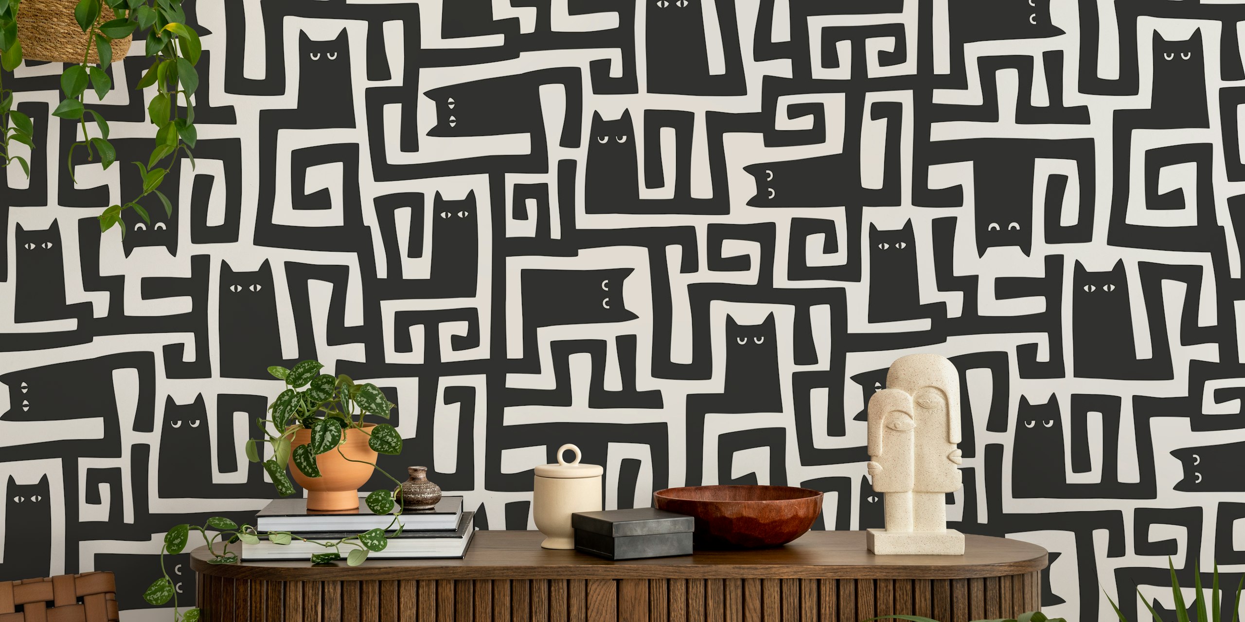 Black cats with maze patterns on white background wallpaper
