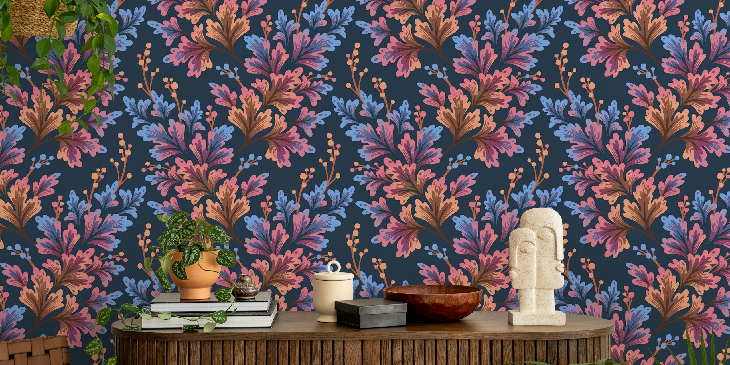 Frilled Foliage Navy Blush wallpaper in a room