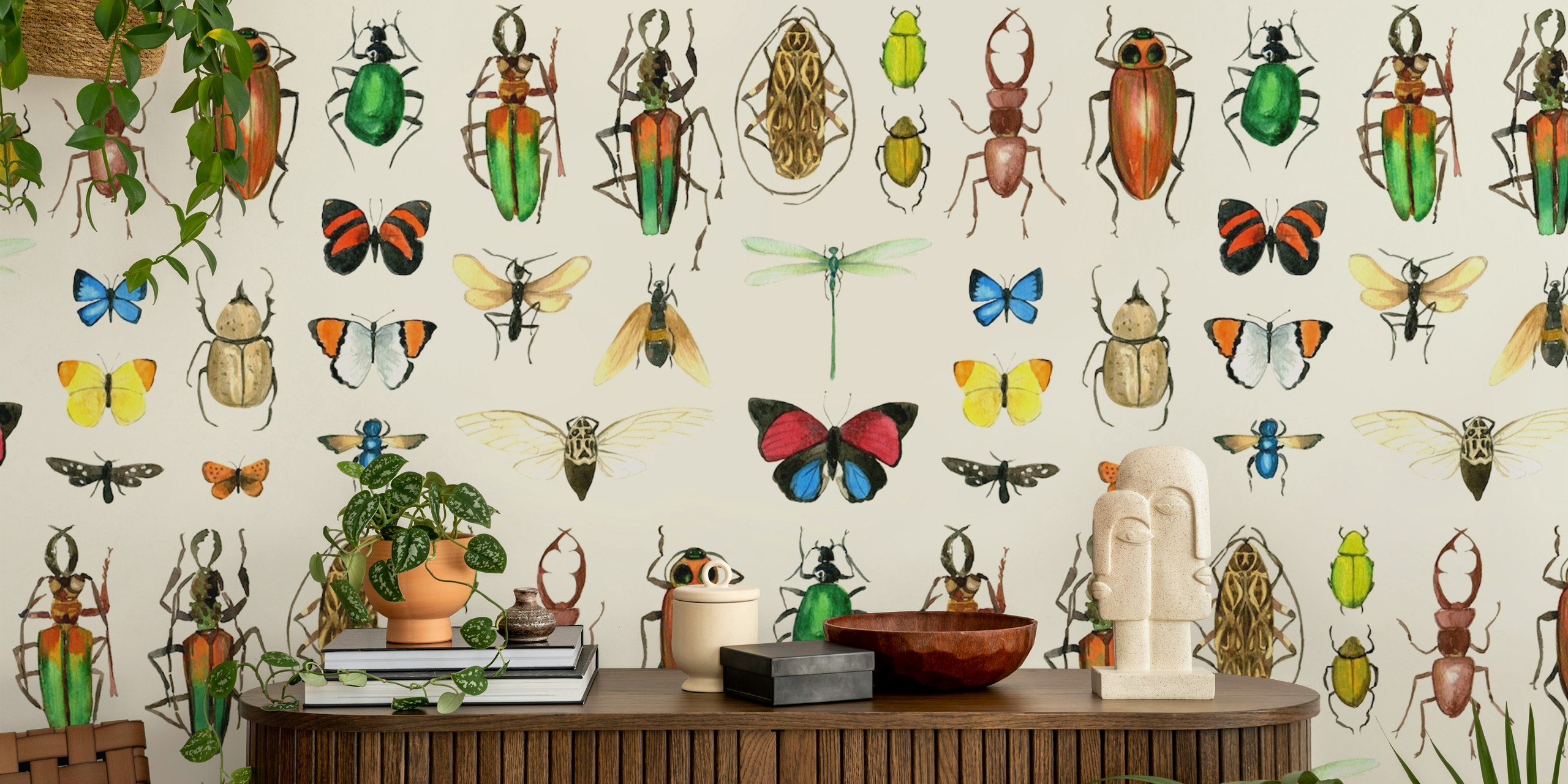 Off white insects wallpaper design in room