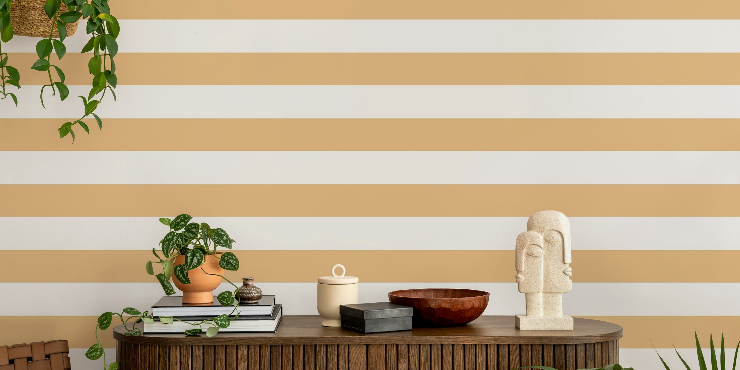 Papel pintado Caramel y white horizontal stripes en una habitación