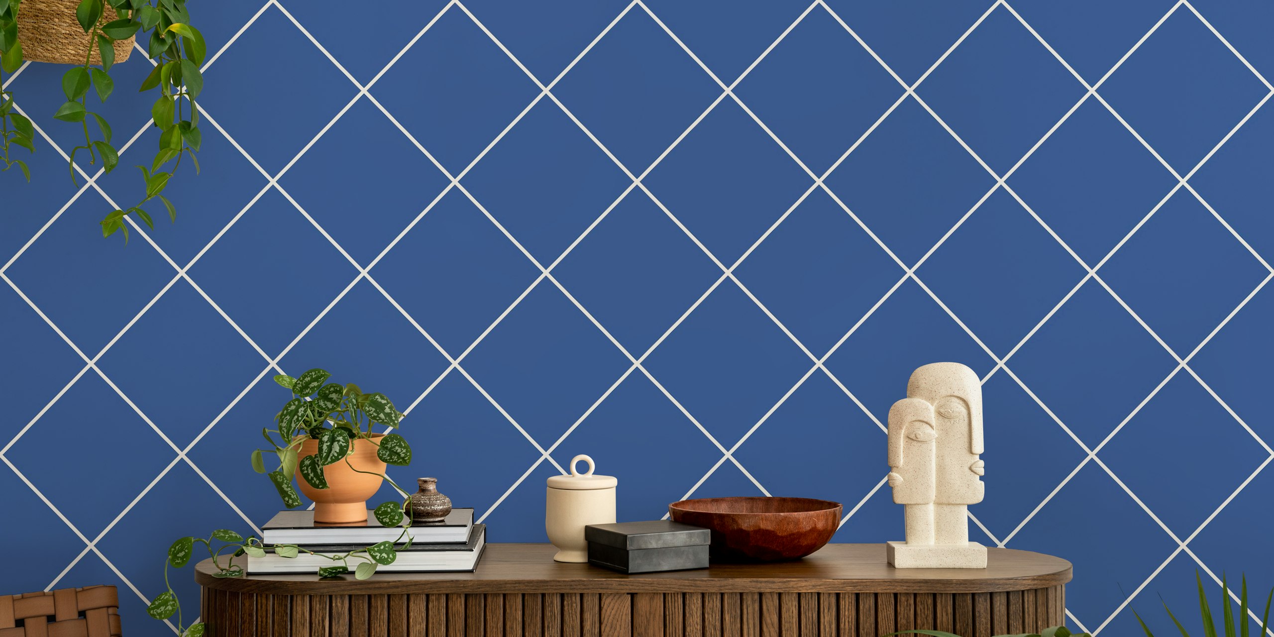 Geometric faux tile pattern in beige and blue wallpaper