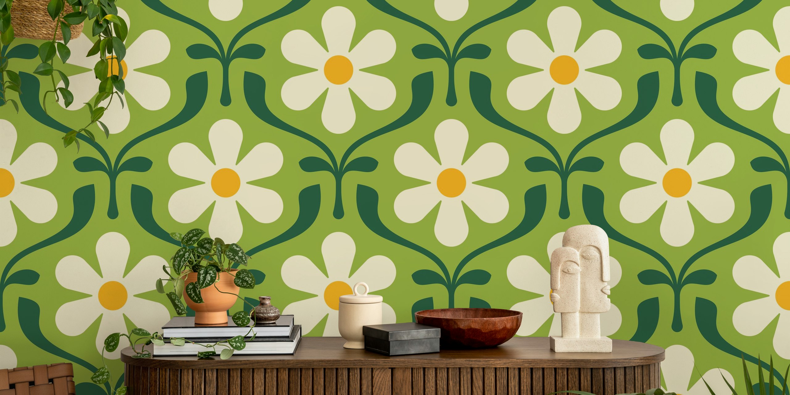 Retro Daisy Blooms in Green wzór tapety