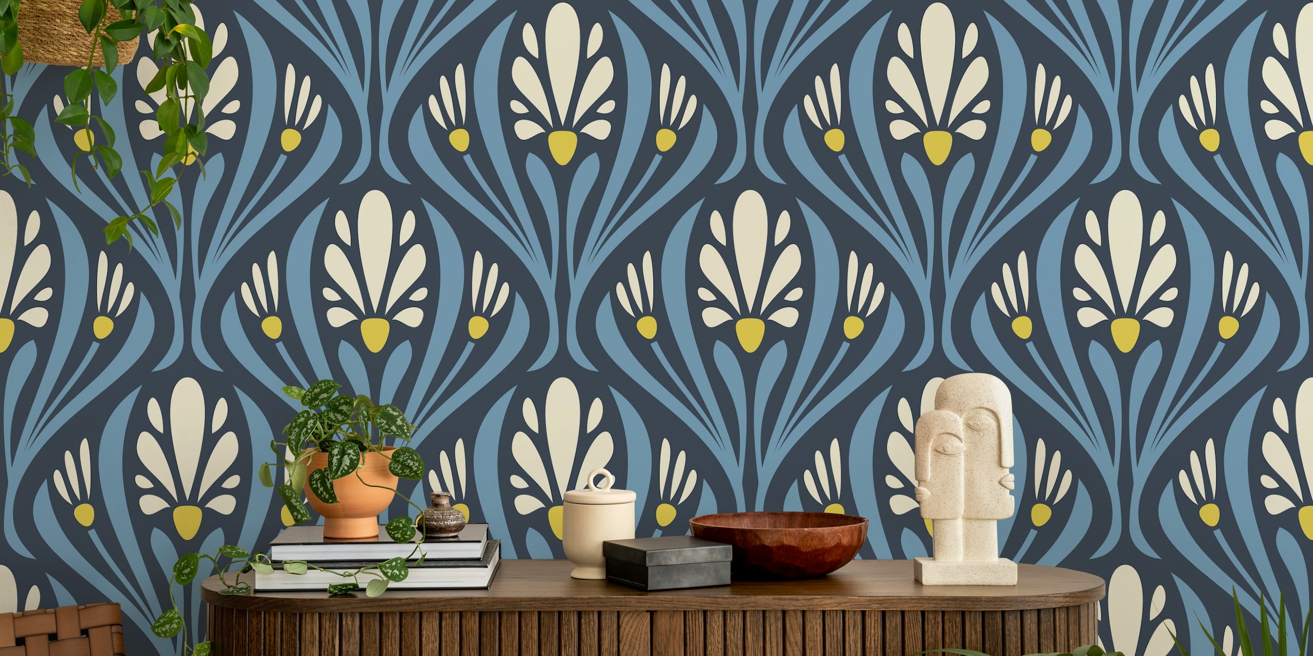 Floral motifs with blue and cream colors in an Art Nouveau style wallpaper