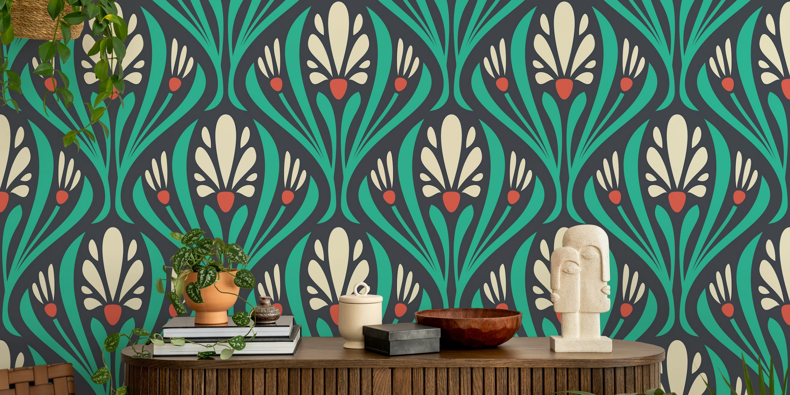 Art Nouveau Floral in Green wallpaper in a room