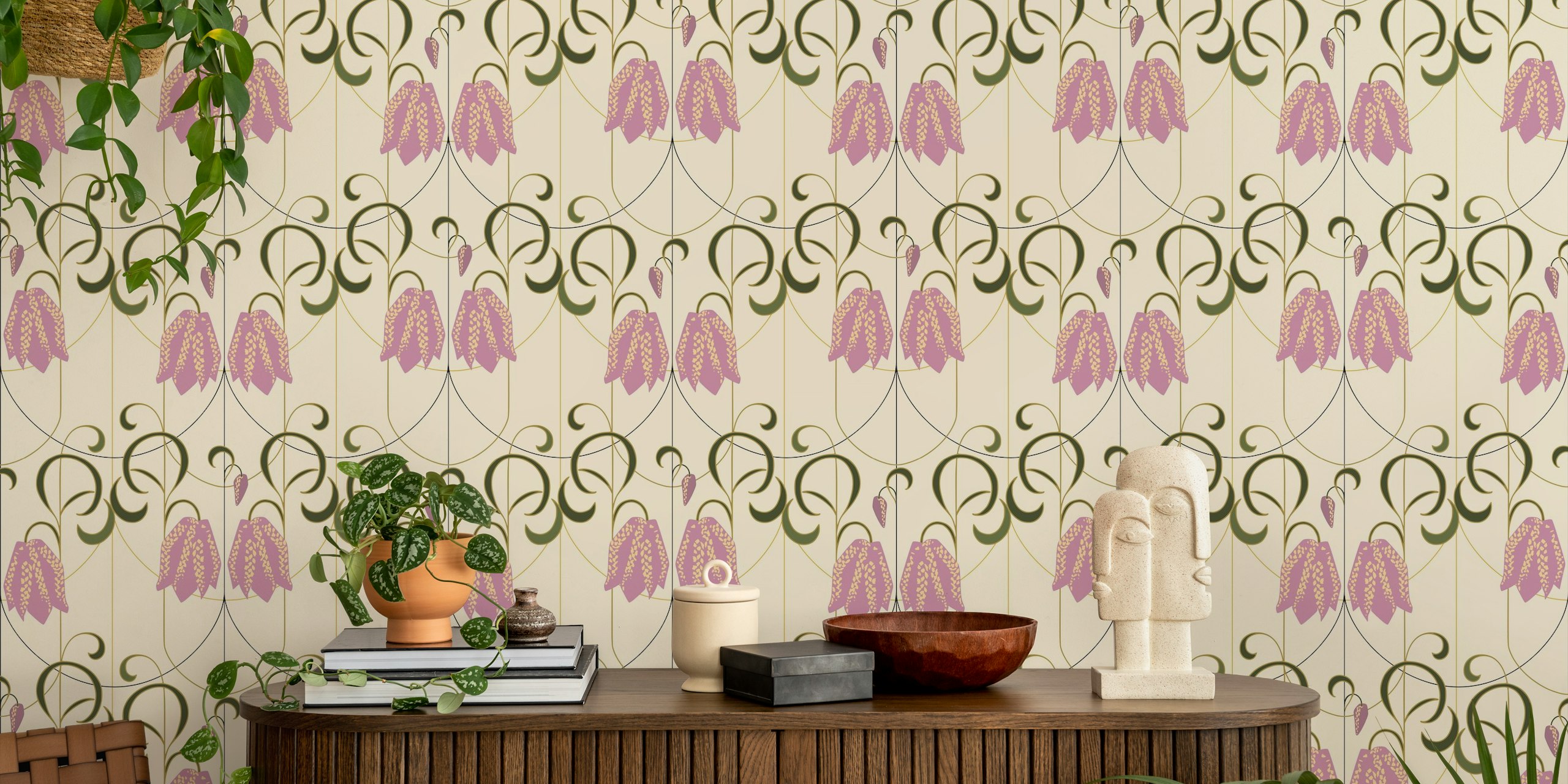 Art deco Checkered lily soft lavender wallpaper in a room
