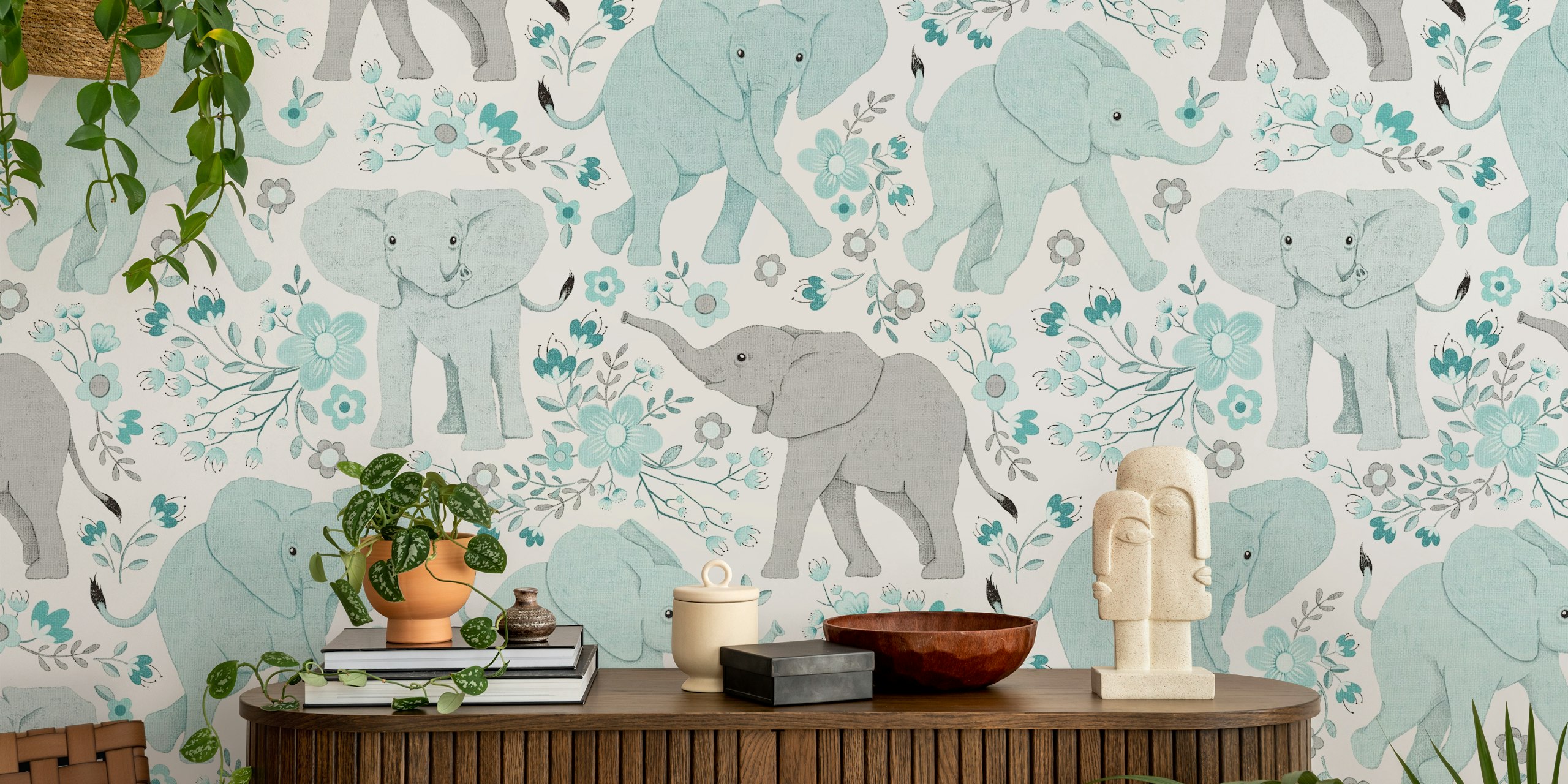 Elephants among wildflowers in duck egg blue and gray wallpaper