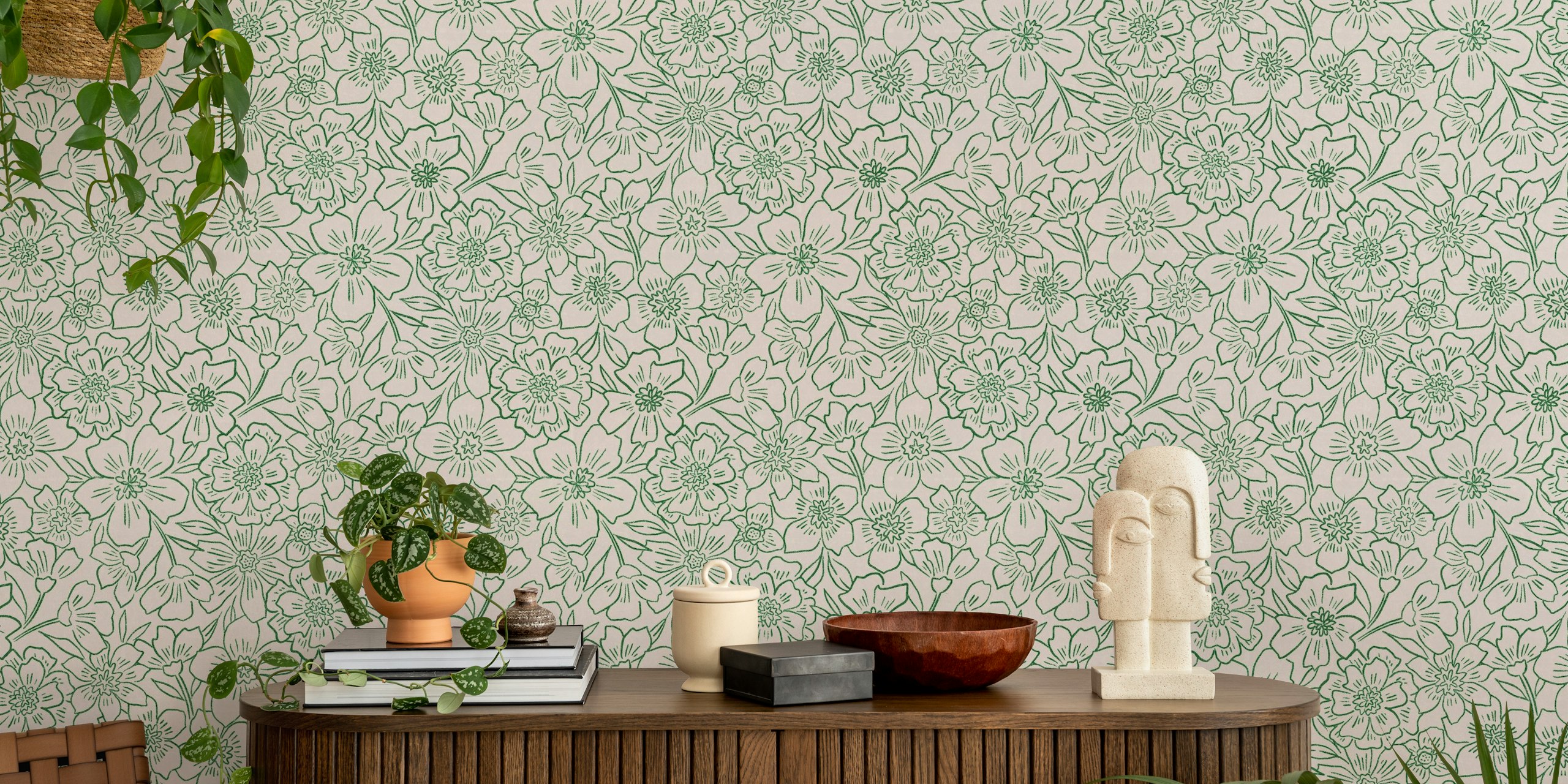 Green floral pattern wallpaper with line art flowers