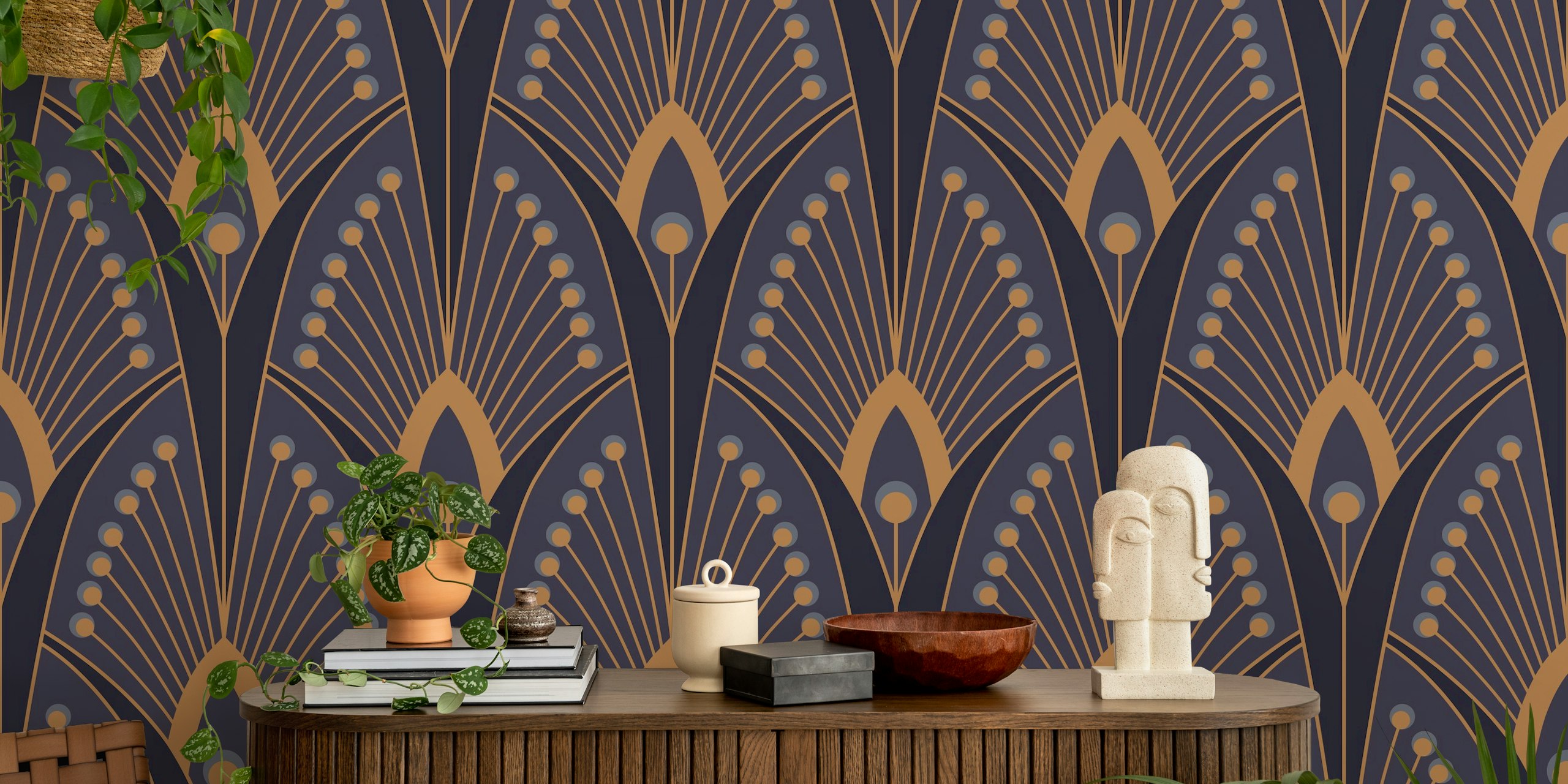 Geometric patterns in dark blue and gold tones wallpaper
