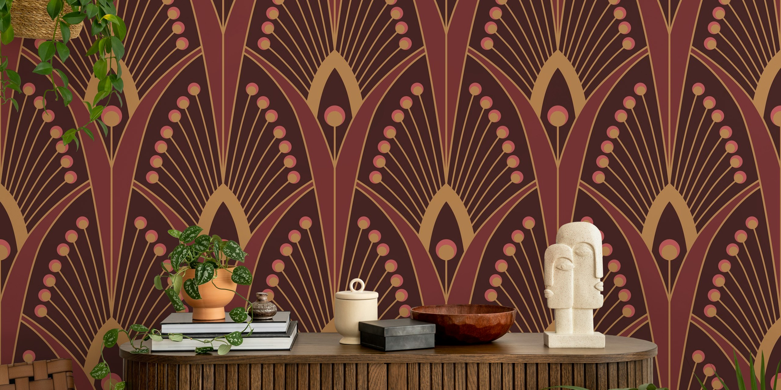 Geometric art deco peacock feathers wallpaper in room