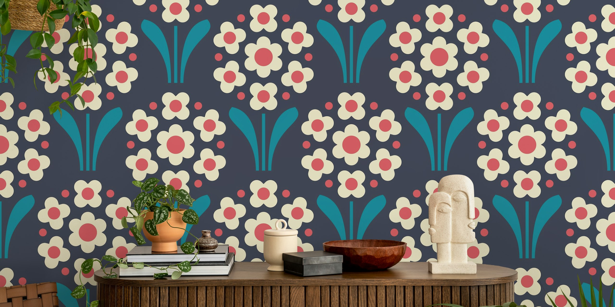 Groovy Daisy Delight in Blue Pink design de papier peint