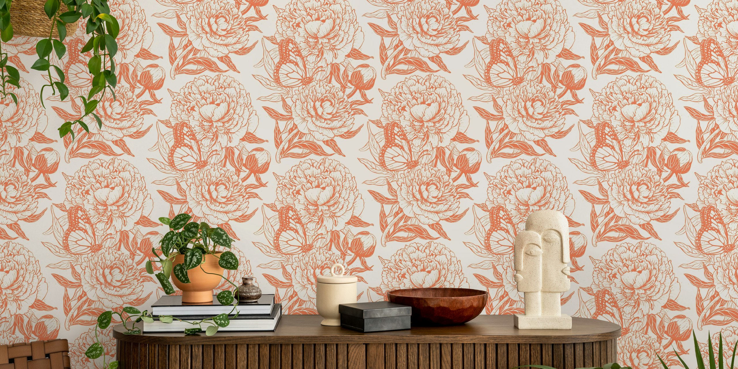 Floral wallpaper featuring peonies and butterflies in coral color on cream background