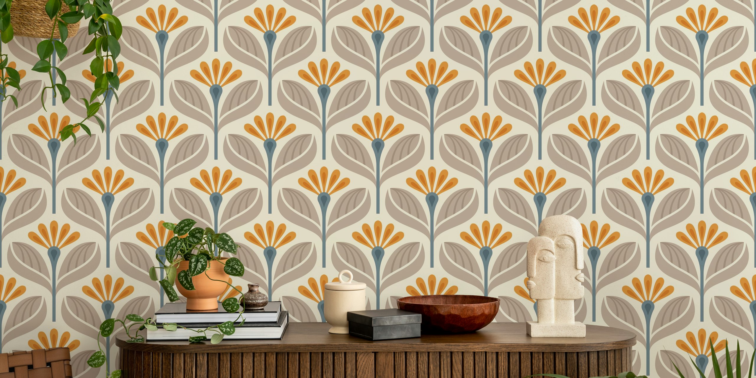 Stylized flower wallpaper in a room setting.