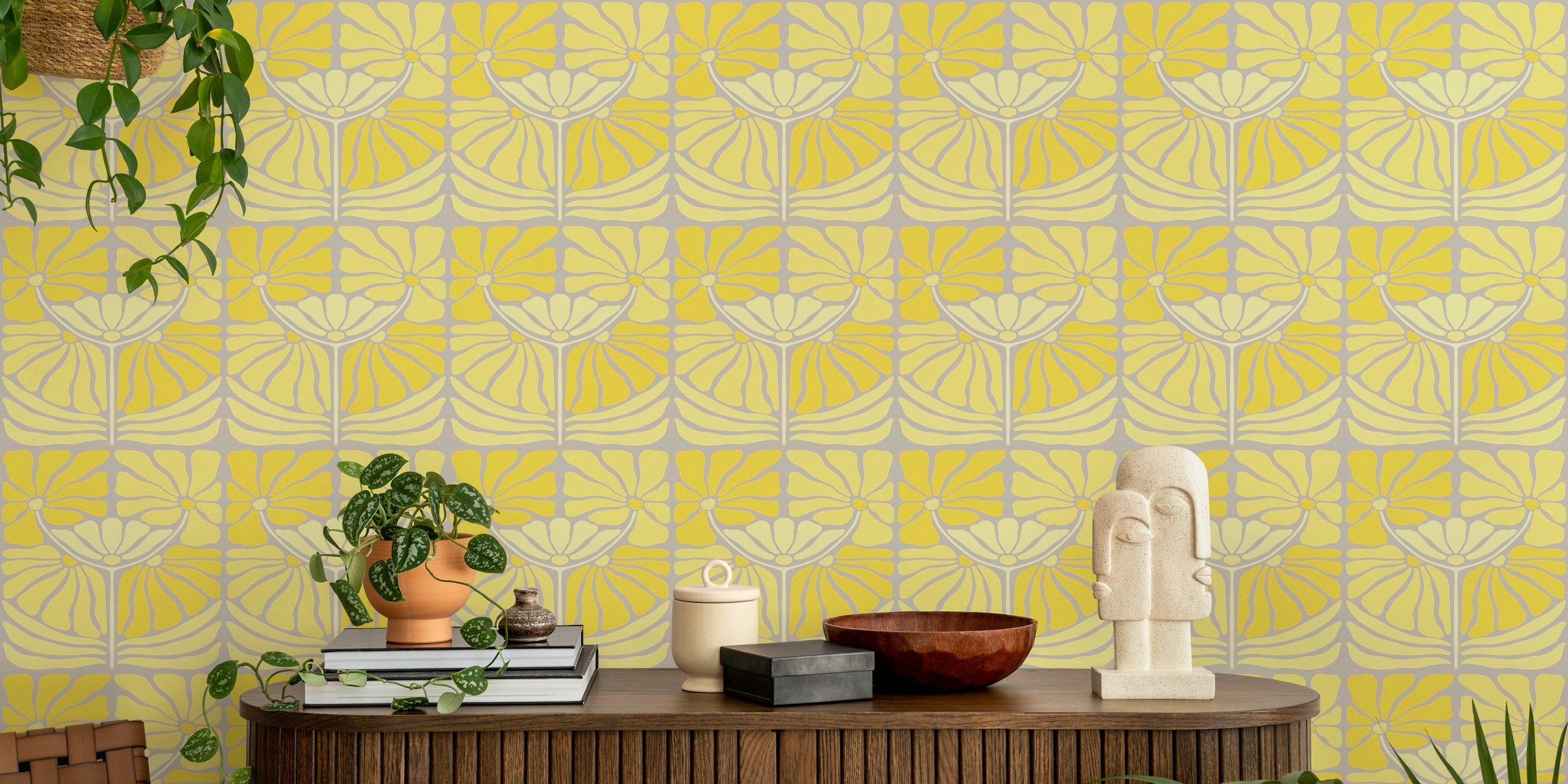 Vintage Yellow Florals wallpaper design in a room