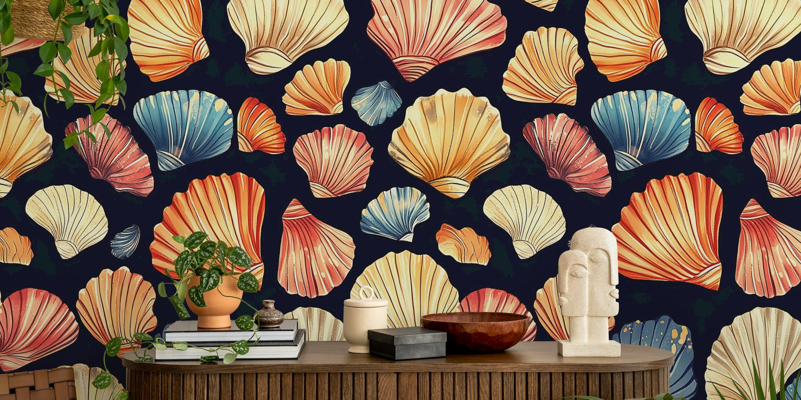 Shells over Dark wallpaper in a stylish room