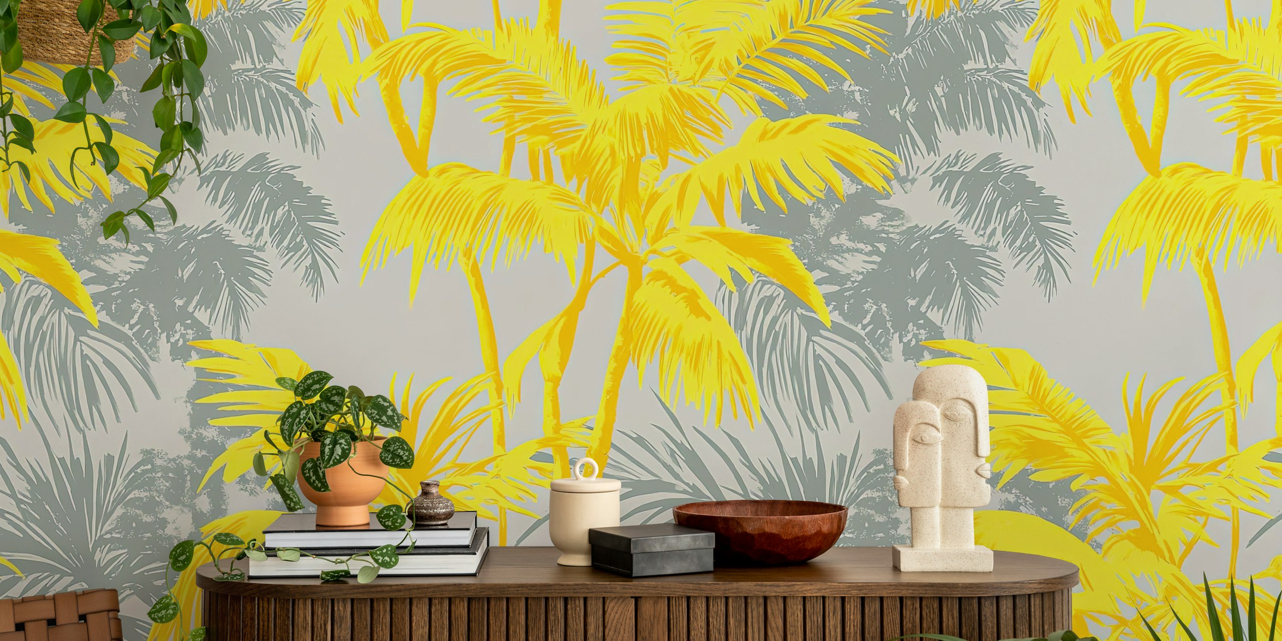 Tropical yellow and grey tapetti huoneessa