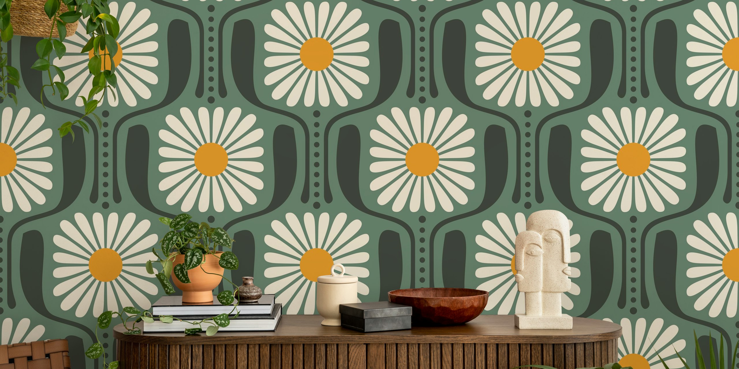Green background with white daisy flowers and yellow centers wallpaper