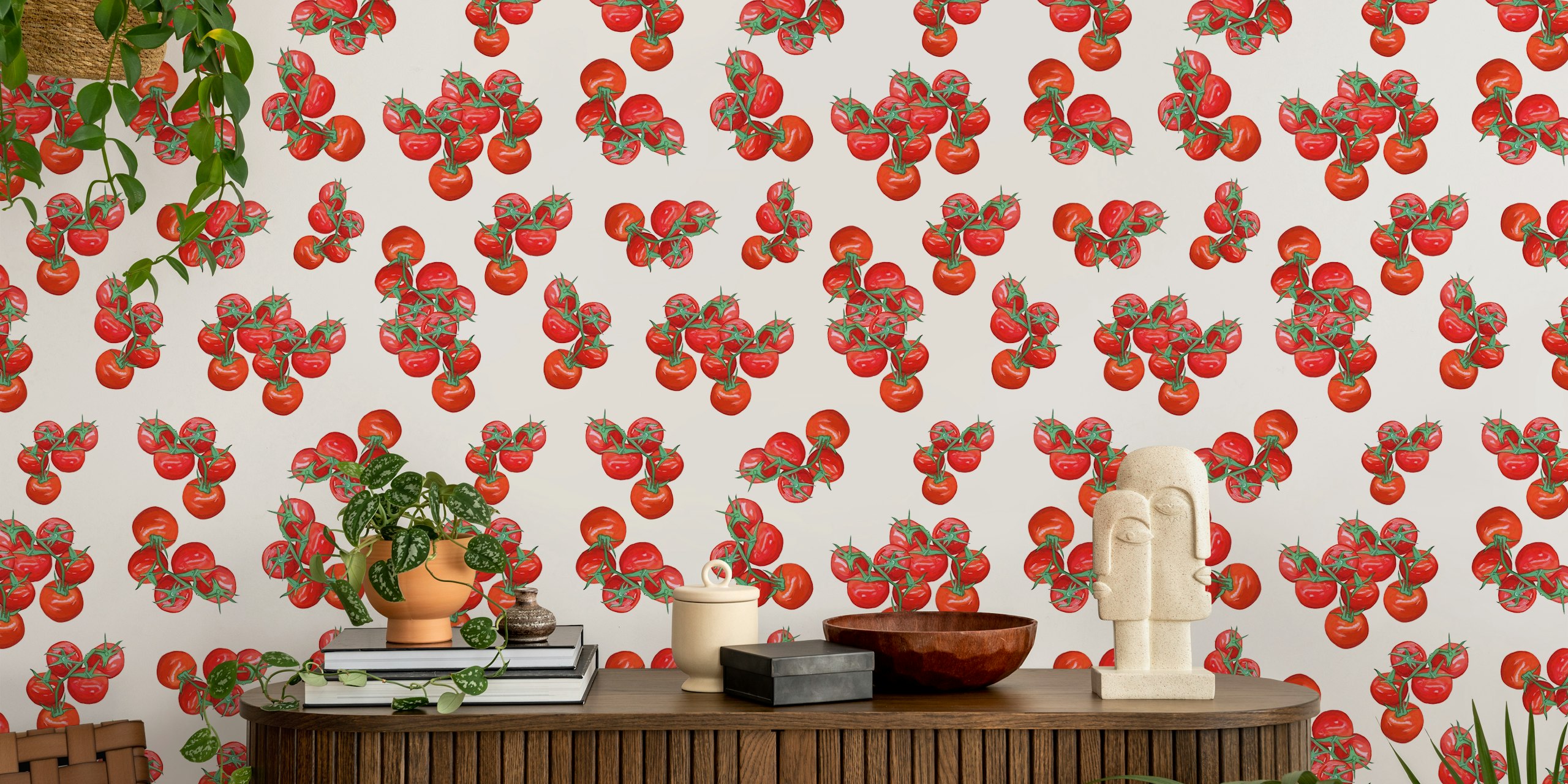Rode tomaten op groene takken op een witte achtergrond wallpaper