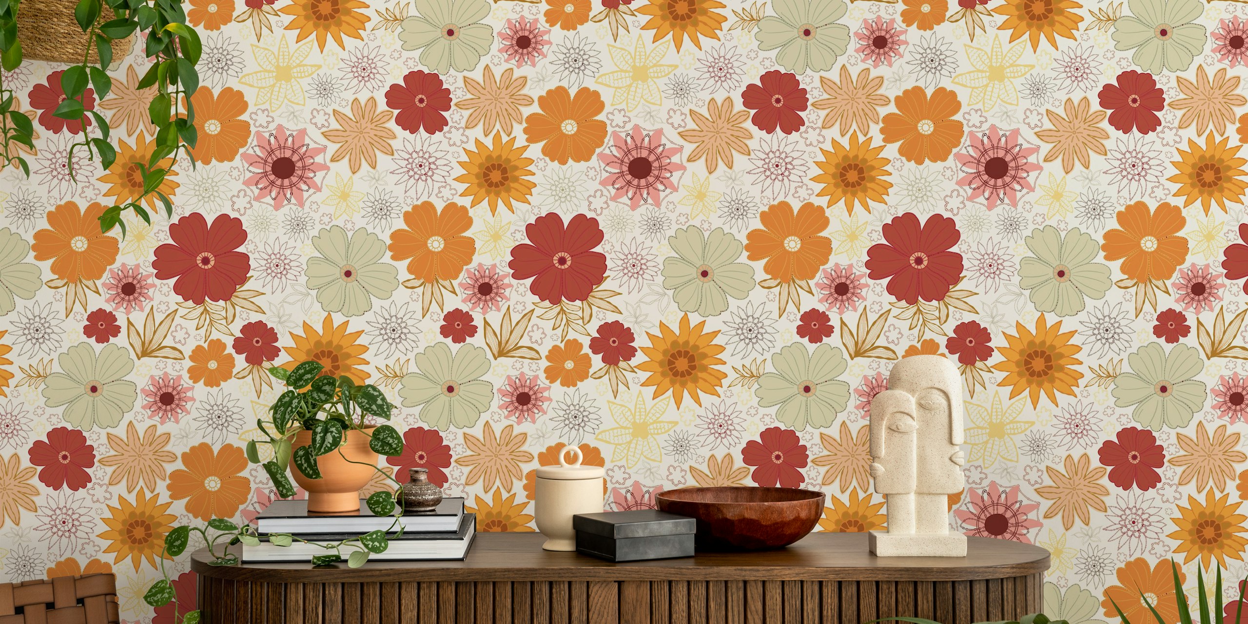 Retro Flower Fantasy blommig tapet i ett rum